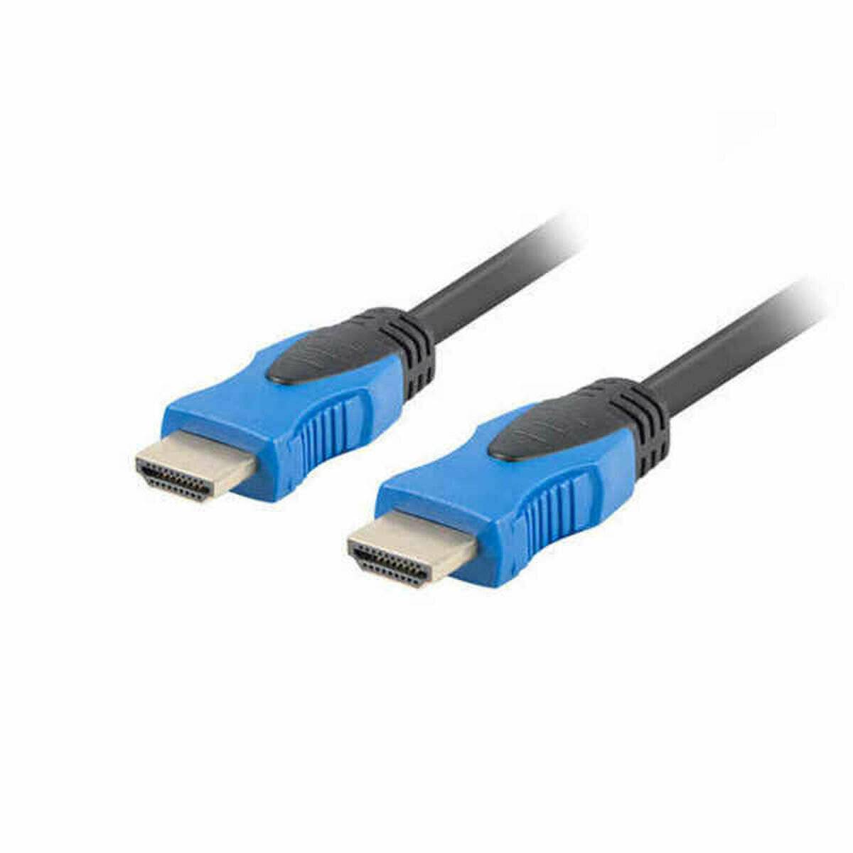 Blaues HDMI-Kabel mit schwarzen Steckern an beiden Enden.