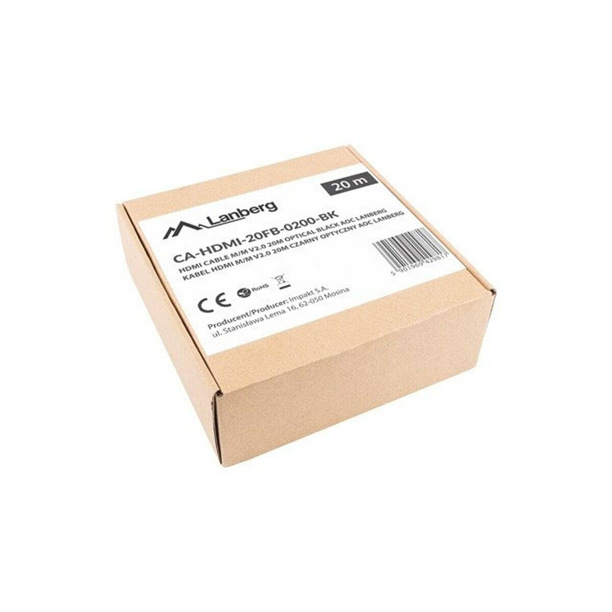 Verpackung der Marke 'Lanberg' für ein CA-HDMI-20FB-0200-BK HDMI-Kabel, 20 Meter lang, geschlossen dargestellt mit Produktdetails auf dem Etikett.