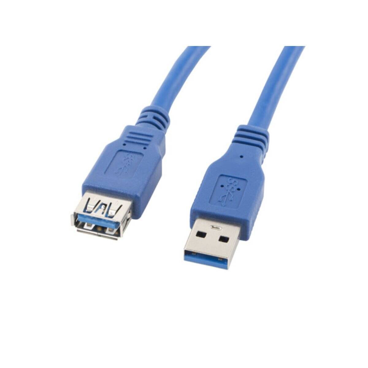 Ein blau USB 3.0-Kabel mit männlichen und weiblichen Anschlüssen, verwendet für Datentransfer zwischen Geräten.