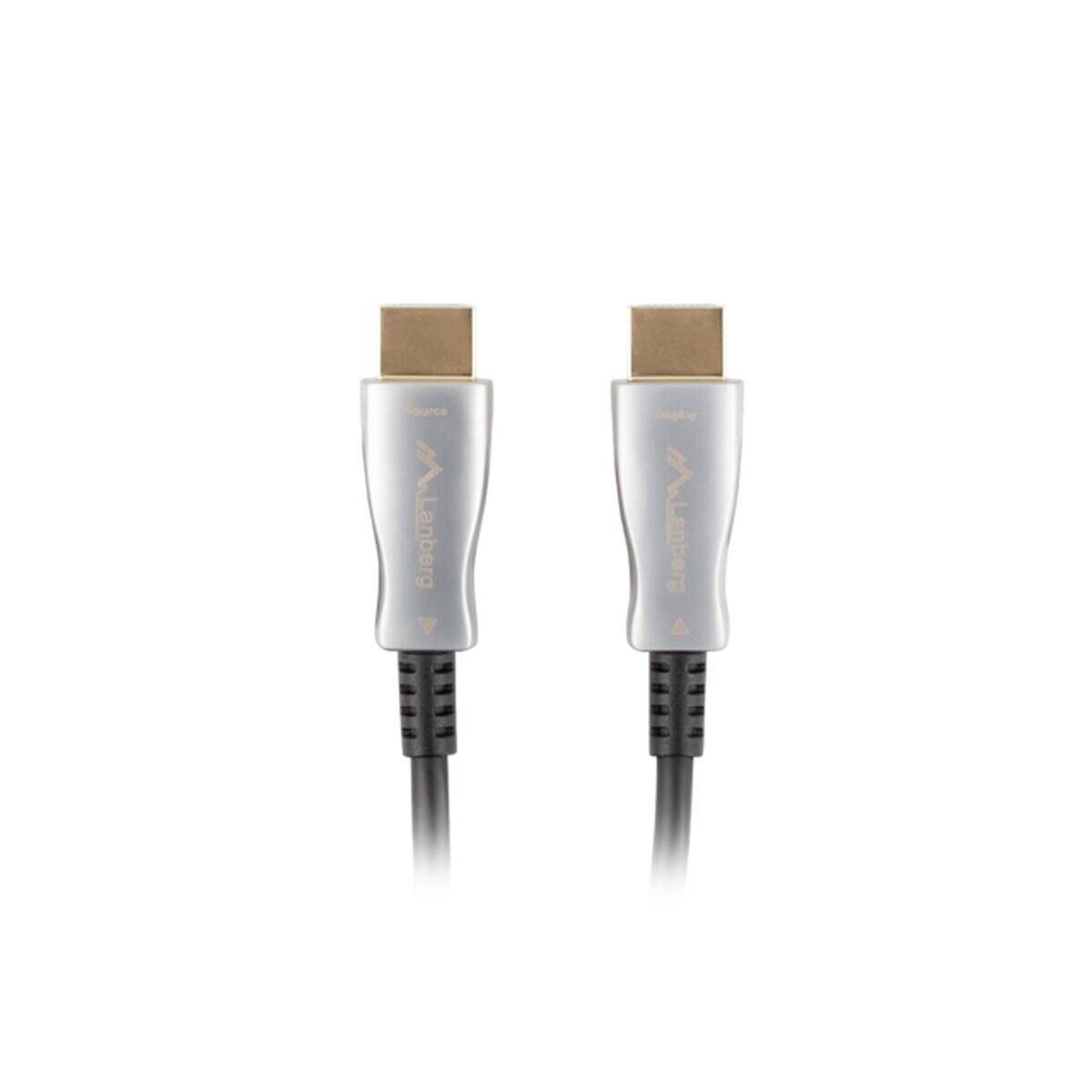 Zwei HDMI-Kabel mit silbernen Anschlüssen und schwarzen Kabeln, vertikal ausgerichtet, die Anschlussenden zeigend.