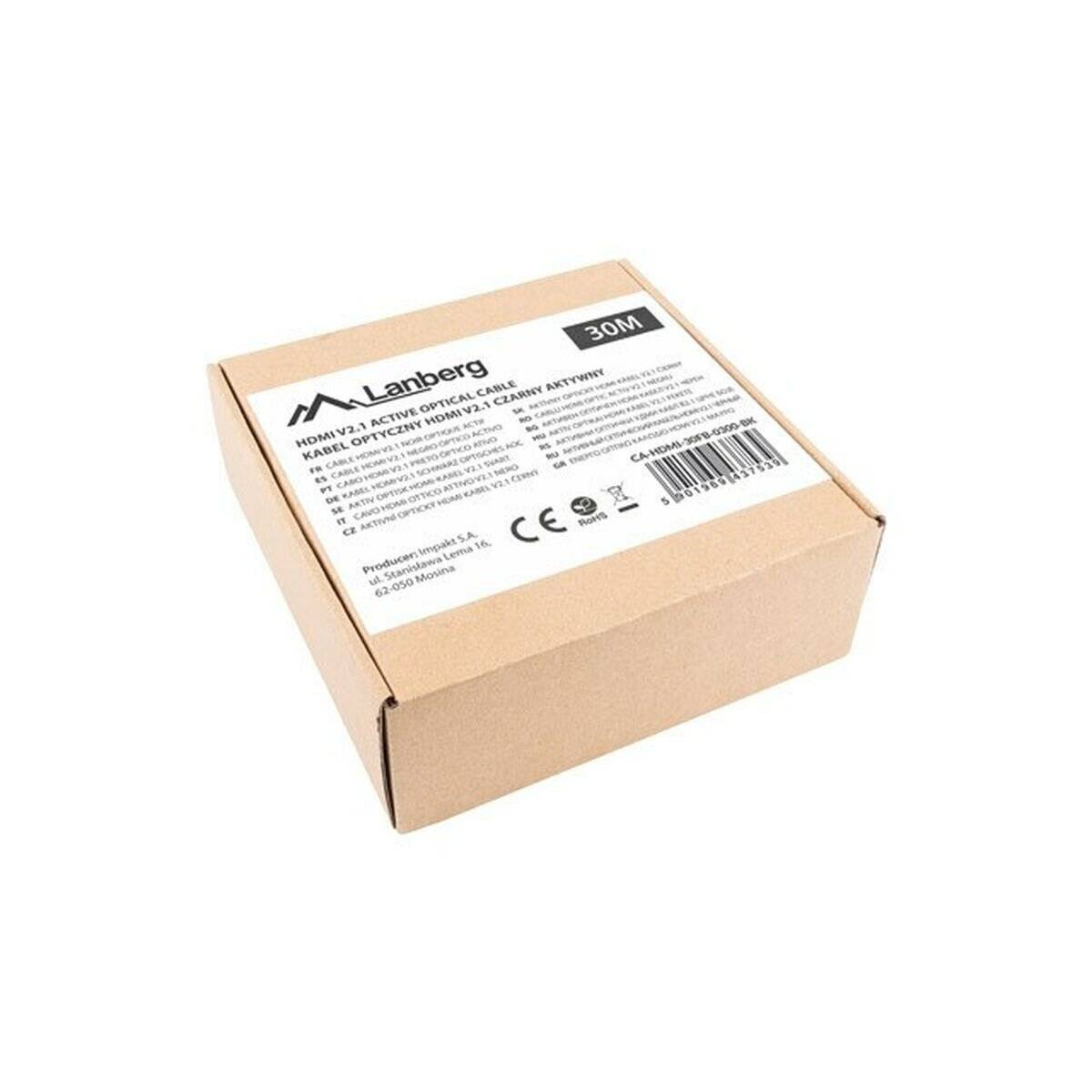 Verpackung eines Lanberg HDMI 2.0 Glasfaser-Optikkabels, 30 Meter, mit Produktinformationen sowie CE- und RoHS-Konformitätssymbolen.