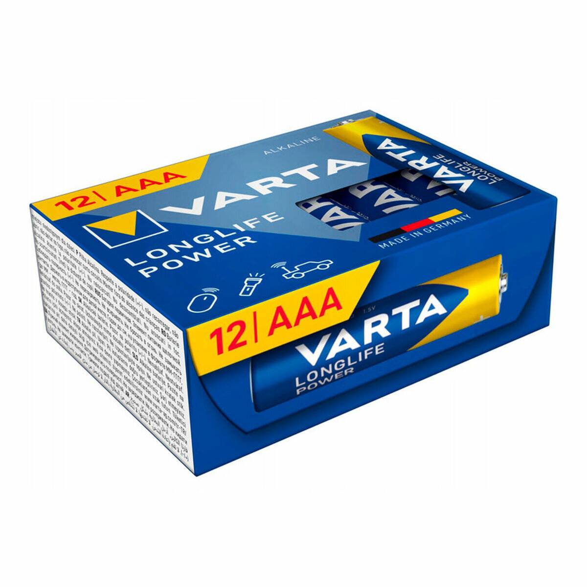 Schachtel mit 12 Varta AAA Alkalibatterien, mit der Bezeichnung 'Longlife Power', in blauer Verpackung.