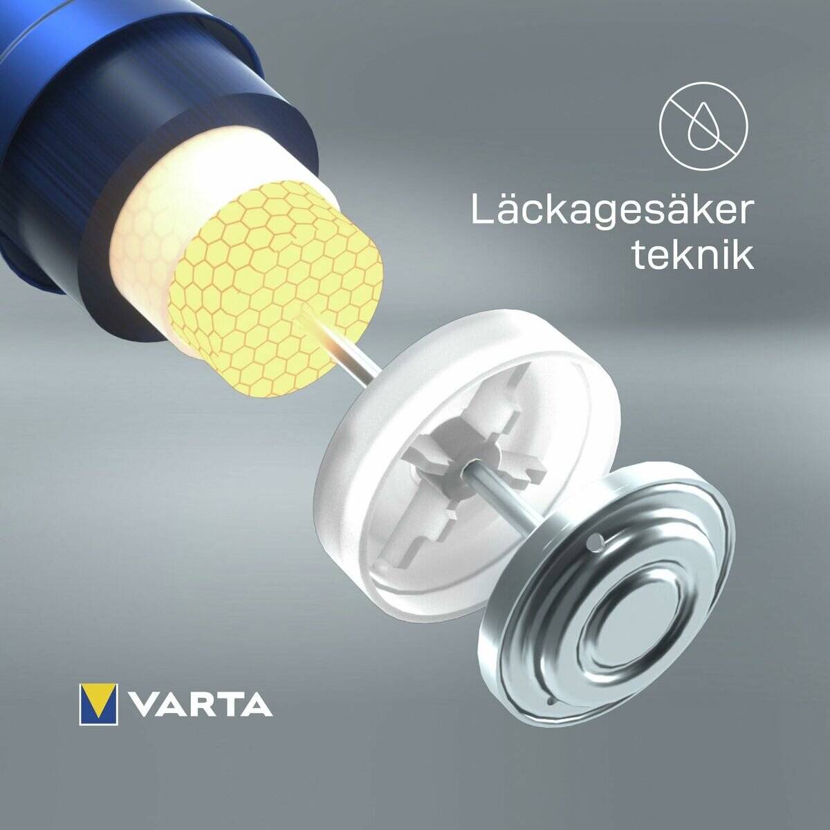 Darstellung einer Batterie mit leckagesicherer Technologie, die die innere Struktur zeigt. Text: 'Leckagesichere Technologie'. VARTA-Logo vorhanden.