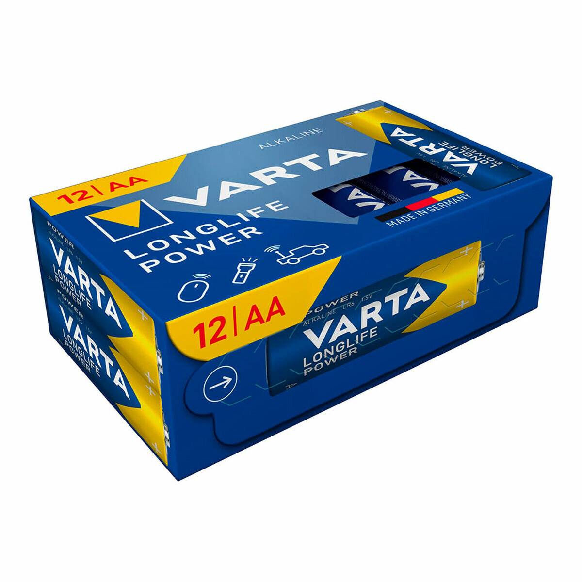 Eine blaue Packung mit 12 AA Varta Longlife Power Batterien mit gelben Akzenten.