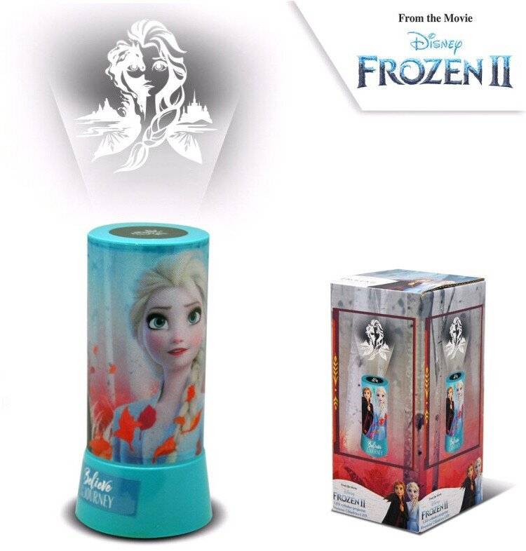 Nachtlicht im Stil von 'Die Eiskönigin II' mit Elsas Bild, das ein Schneeflockendesign projiziert. Die Verpackung enthält ein Bild des Produkts.