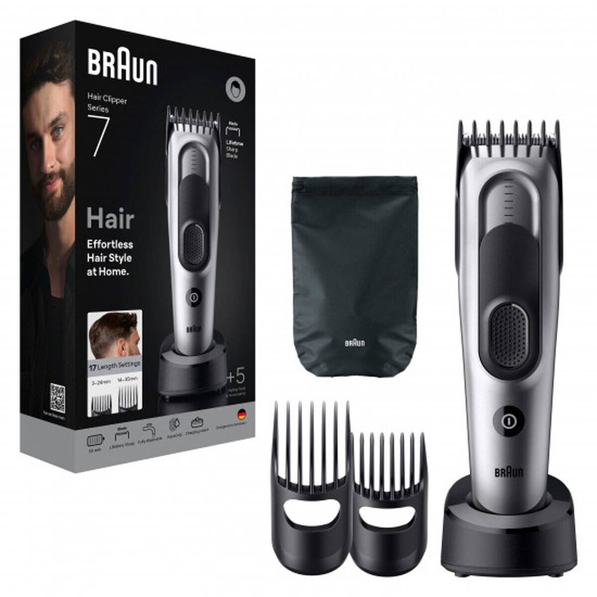 Braun Haarschneider Serie 7 Set mit Haarschneidemaschine, drei Kämmen und Transporttasche präsentiert. Verpackung zeigt Modell und Funktionen.