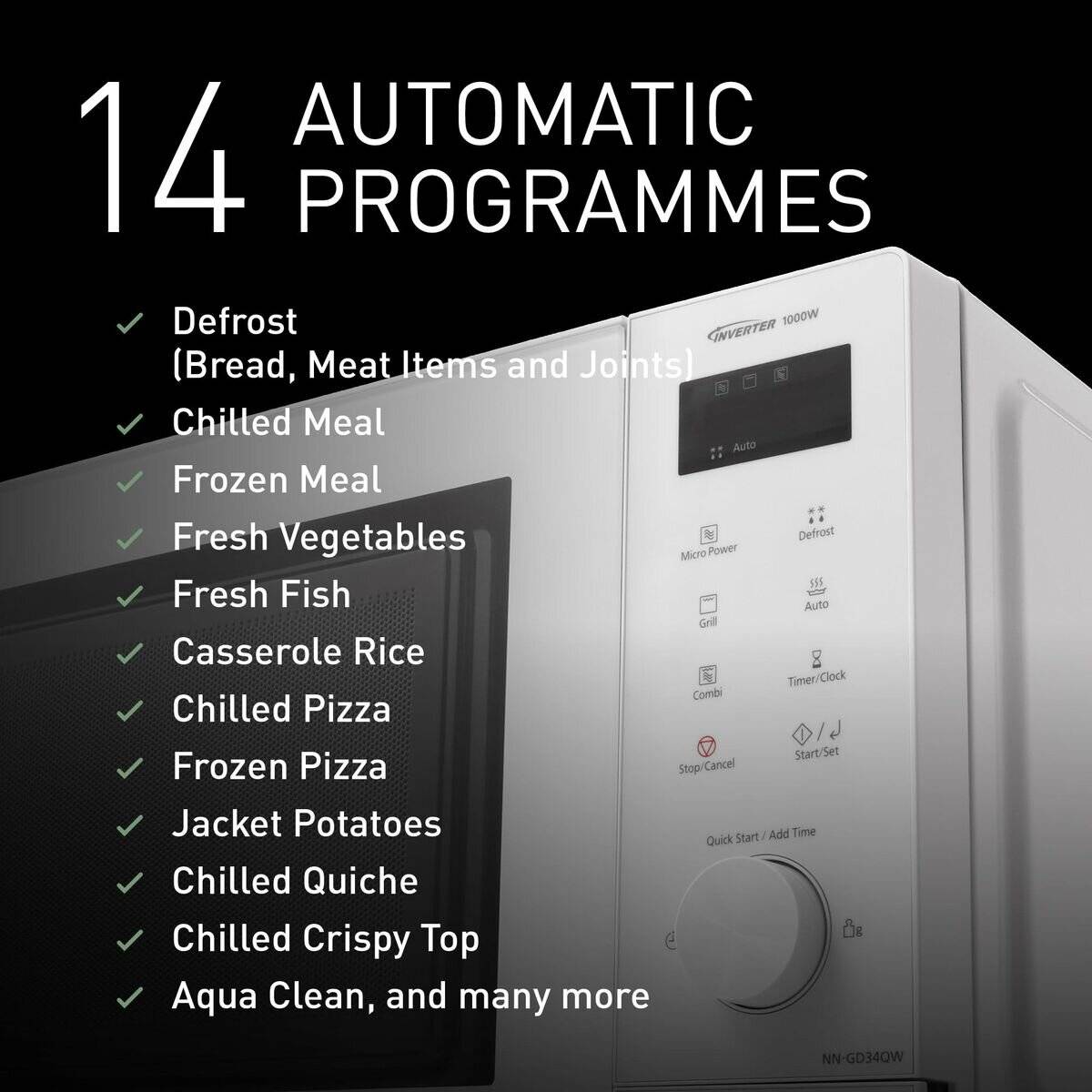 Mikrowelle mit Anzeigedisplay, Tasten und Liste von 14 automatischen Programmen, einschließlich Auftauen, gefrorene Mahlzeiten und frisches Gemüse.
