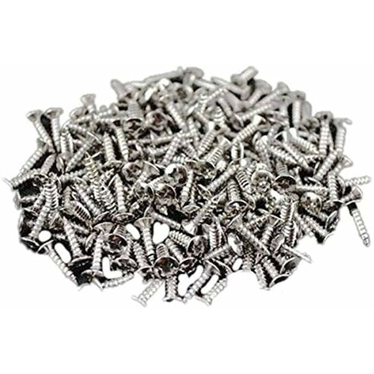 Ein Haufen glänzender silberner Schrauben, die verstreut in einem Haufen liegen; jede Schraube hat einen kreuzförmigen Kopf und eine spitze Spitze, was darauf hindeutet, dass sie für den allgemeinen Gebrauch bestimmt sind.