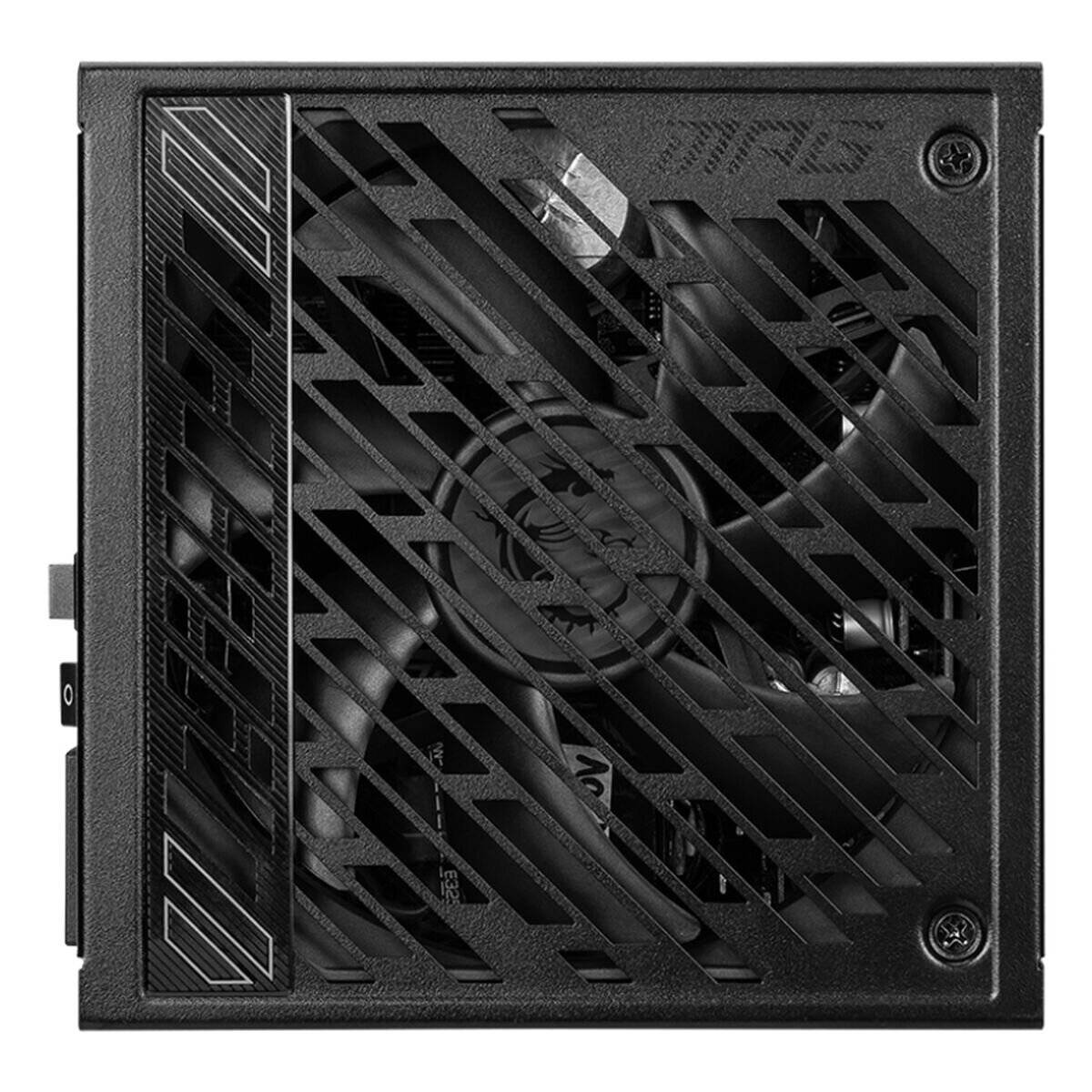 Eine schwarze Computer-Netzteileinheit mit sichtbarem Kühlventilator, ausgelegt für effiziente Belüftung und Wärmeableitung.