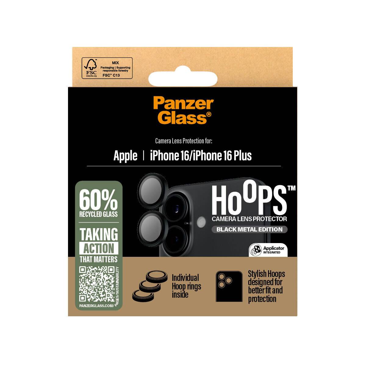 PanzerGlass Kameraobjektivschutz für Apple iPhone 16/16 Plus, schwarze Metalledition. Verfügt über 60% recyceltes Glas, individuelle Ringhalterungen, robuste Konstruktion.