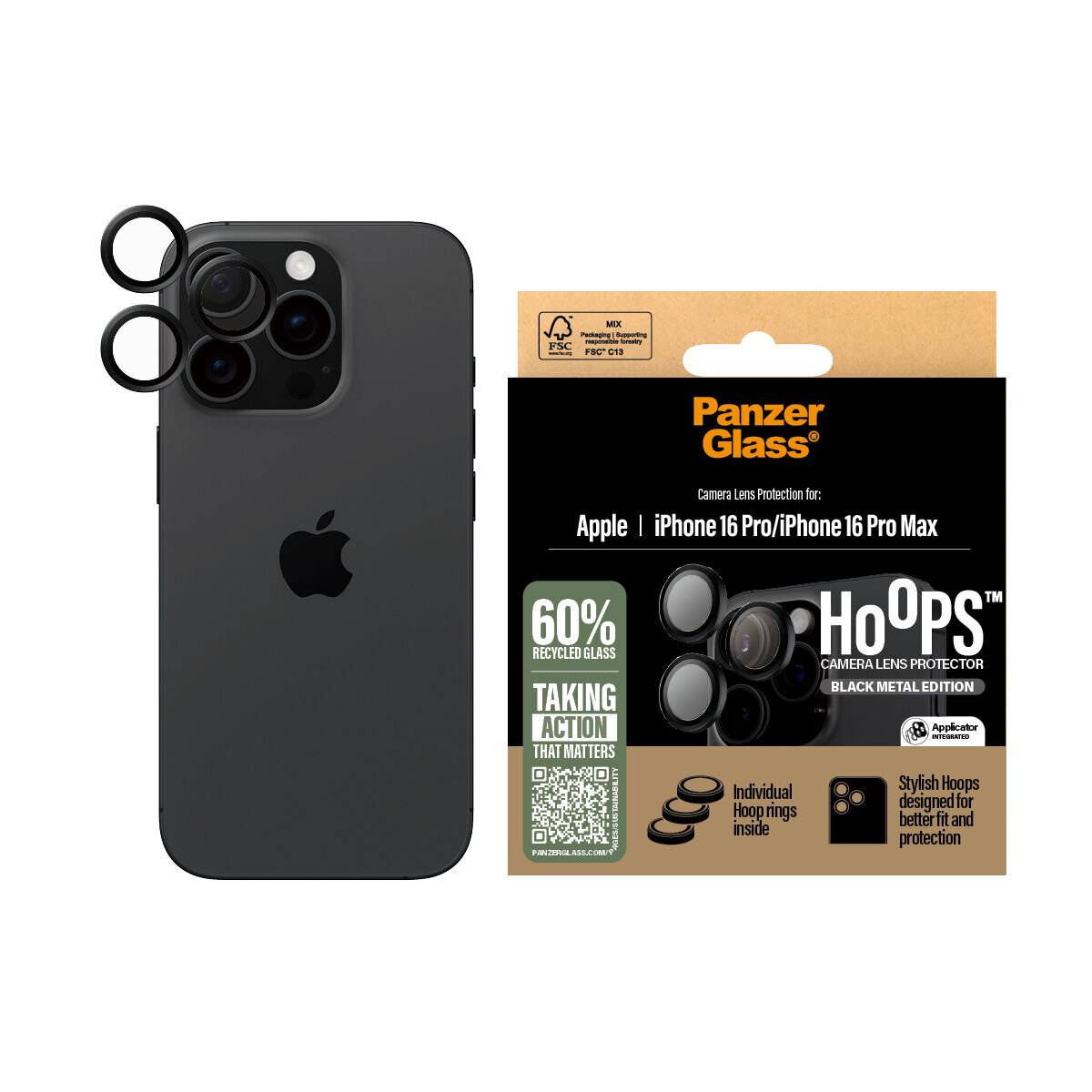 Ein schwarzes Smartphone mit drei Kameraobjektiven auf der Rückseite. Daneben eine Panzer Glass Kameraobjektiv-Schutzfolie für Apple iPhone 16 Pro/16 Pro Max.