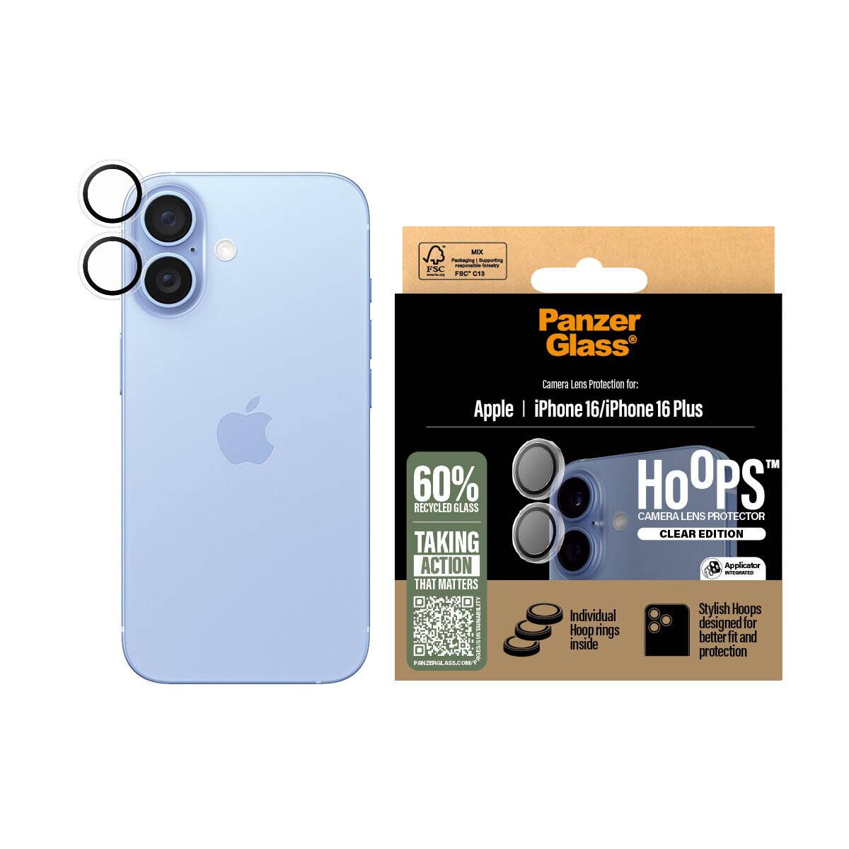Ein hellblauer Smartphone mit Dual-Kameras neben einer PanzerGlass-Verpackung, die 60% recyceltes Glas und Kameraschutzeigenschaften hervorhebt.