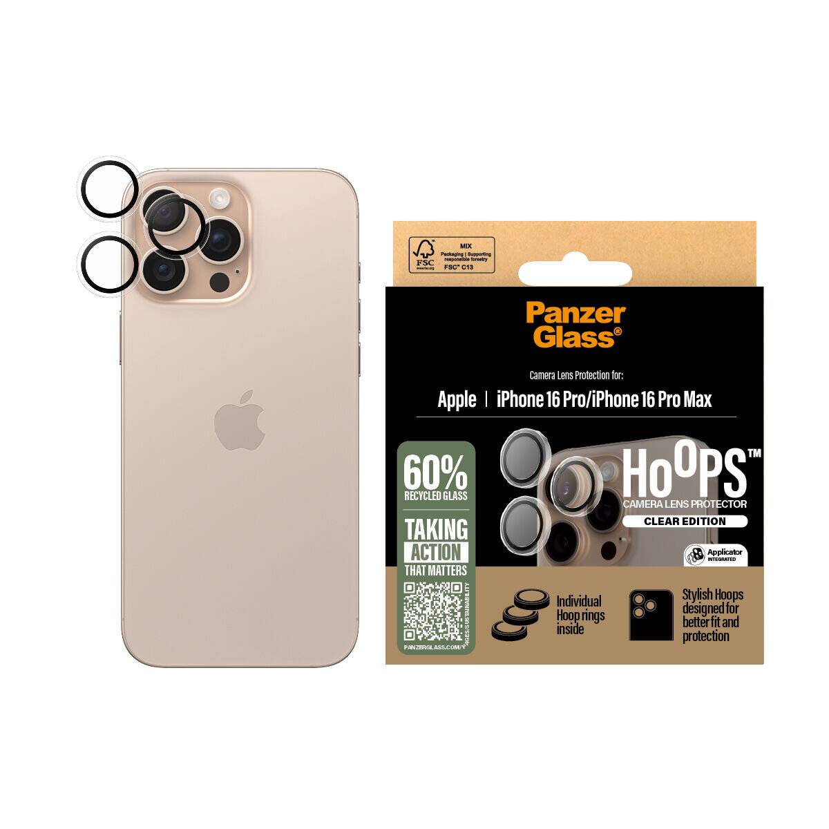 iPhone mit Kameraobjektivschutz und Verpackung. Verpackungstext: 'PanzerGlass Hoops', '60% recyceltes Glas', 'Handeln, das einen Unterschied macht'.