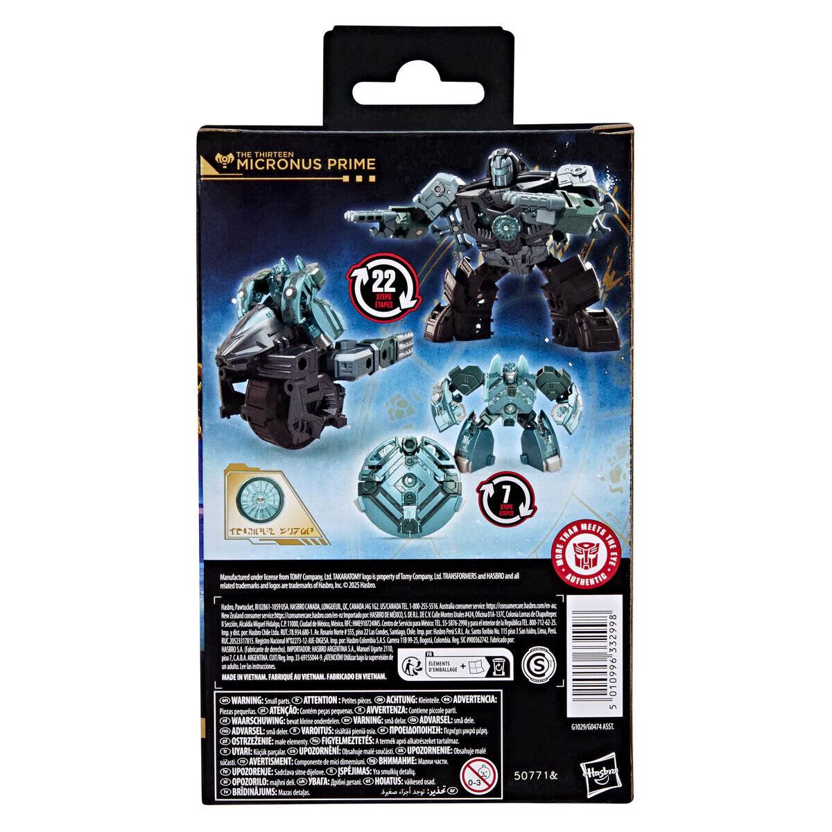 Das Bild zeigt die Verpackung einer 'Micronus Prime' Spielfigur. Sie präsentiert das Spielzeug in zwei Modi: Roboter und Fahrzeug, mit dem Hinweis Alter 7+.