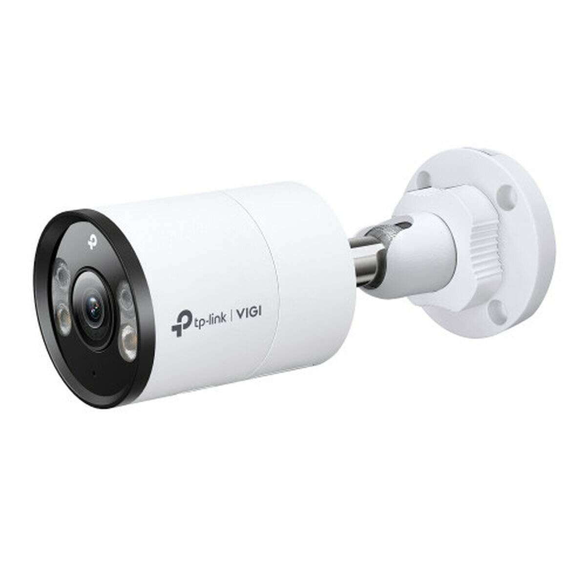 Sicherheitskamera mit 'tp-link VIGI'-Branding, mit einem zylindrischen weißen Gehäuse und Objektiv, umgeben von Infrarotsensoren zur Überwachung.