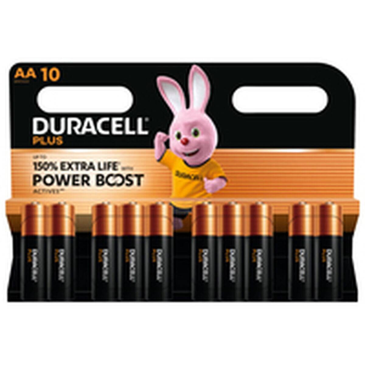 Duracell Plus AA 10er-Pack mit Power Boost. Batterien werden mit Duracells pinkfarbener Hasenmaskottchen gezeigt, die bis zu 150% zusätzliche Lebensdauer verspricht.