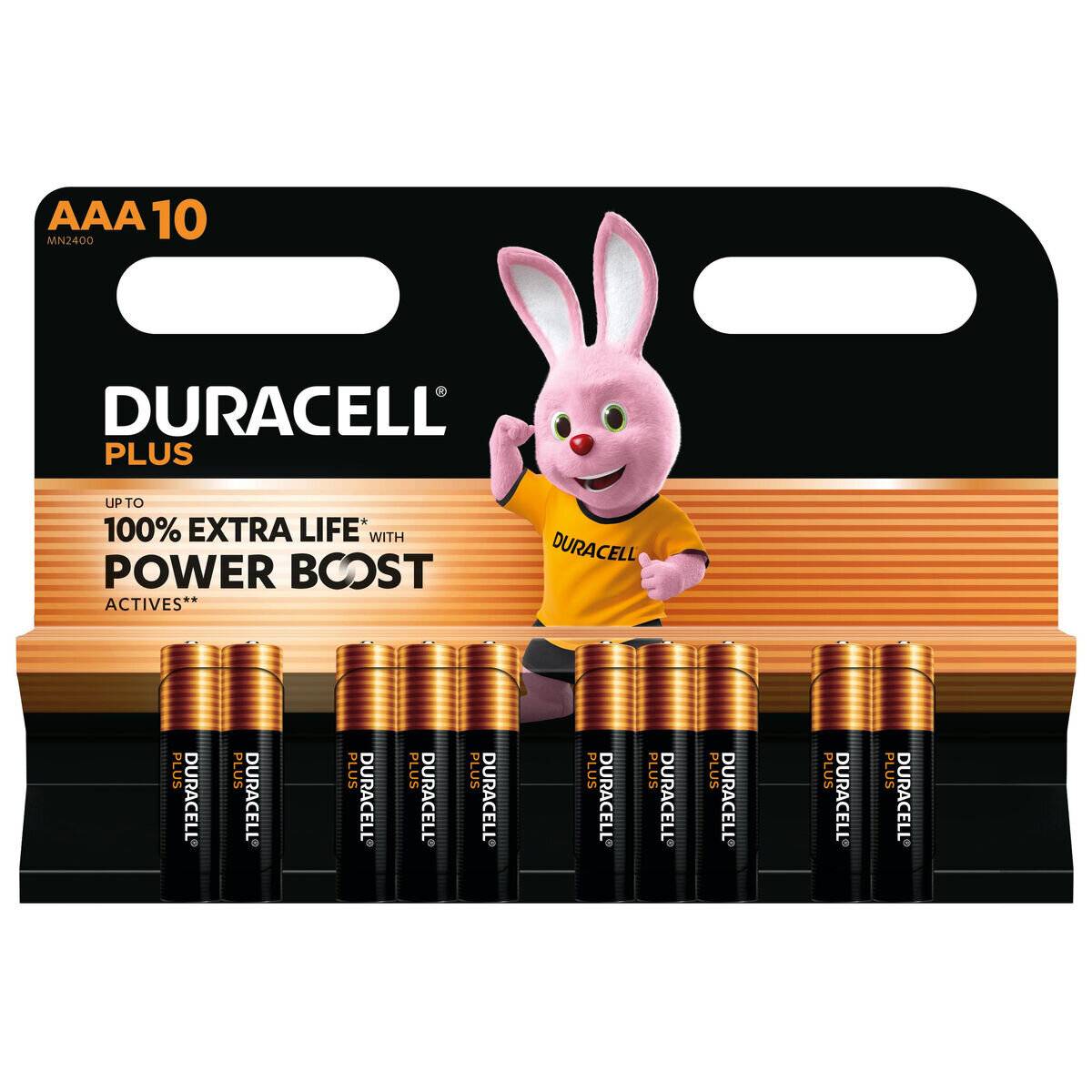 Eine Packung mit 10 AAA Duracell Plus Batterien mit Power Boost, die das Duracell-Maskottchen Bunny auf der Verpackung trägt.