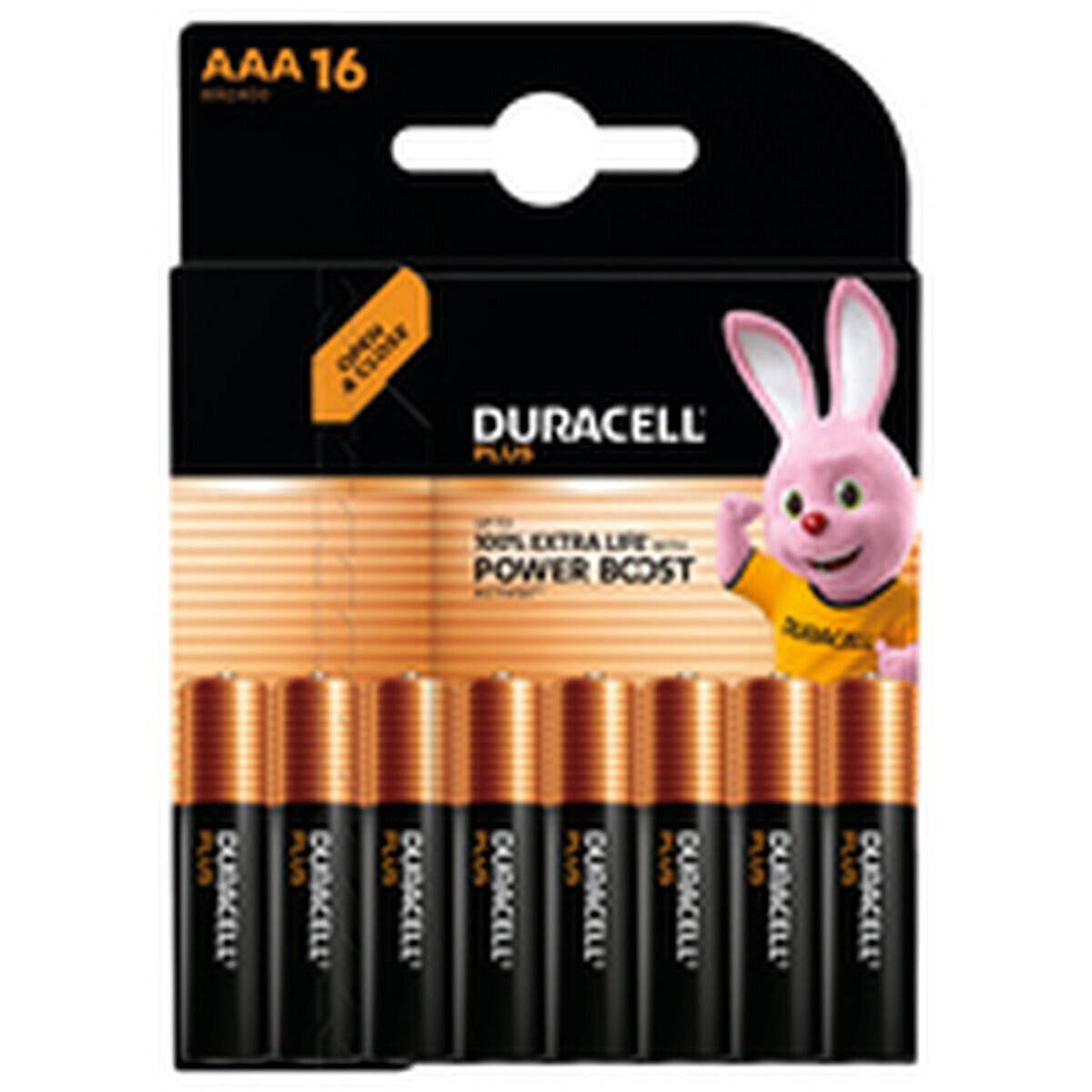 Duracell Plus' Packung mit 16 AAA-Batterien mit dem Text '100% Extra Leben - Power Boost' und einem Bild eines pinken Hasen-Maskottchens.