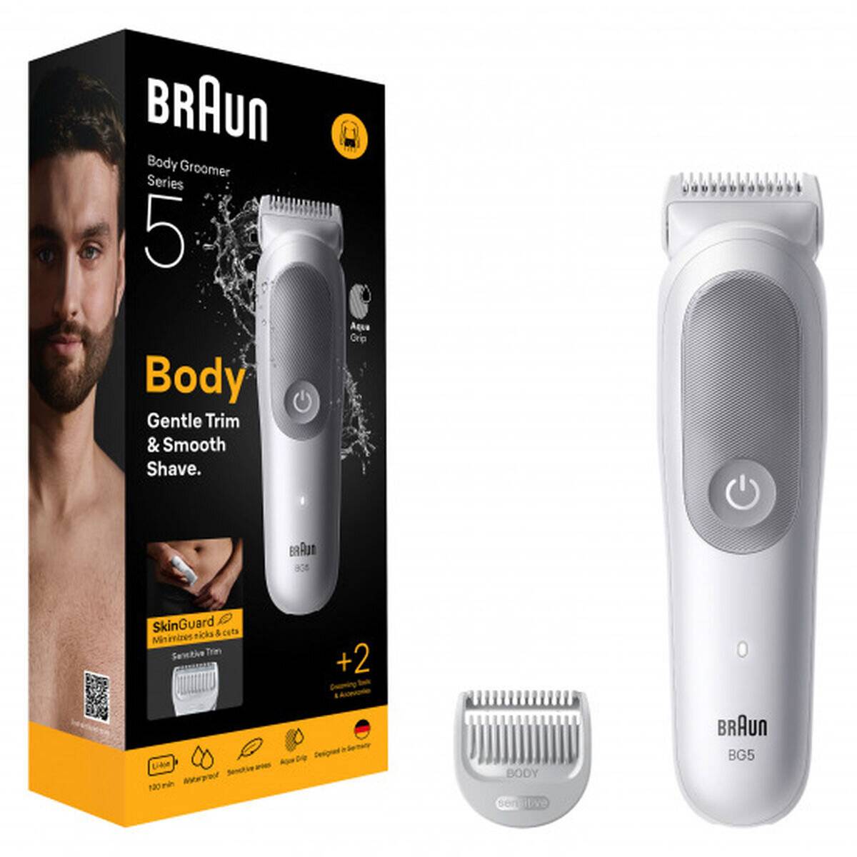 Braun Body Groomer Serie 5 BG5 mit Trimmer und Aufsatz gezeigt. Gelbe Box zeigt Produktbild und Details über sanftes Trimmen und glatte Rasur.