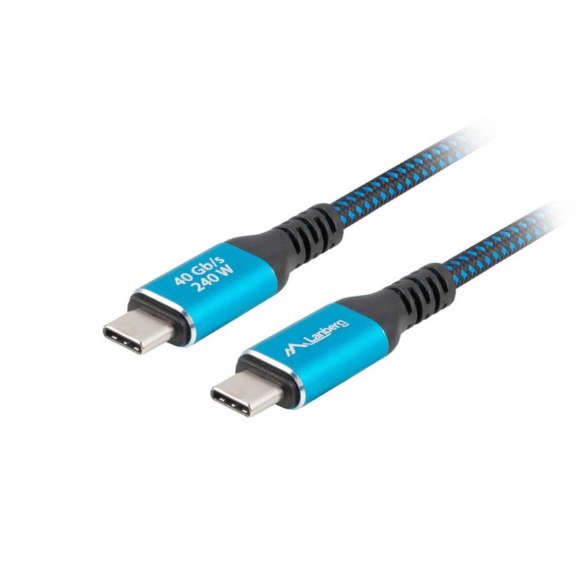 Ein USB-C-Kabel mit blauen Anschlüssen, beschriftet mit „40 Gbit/s, 240 W