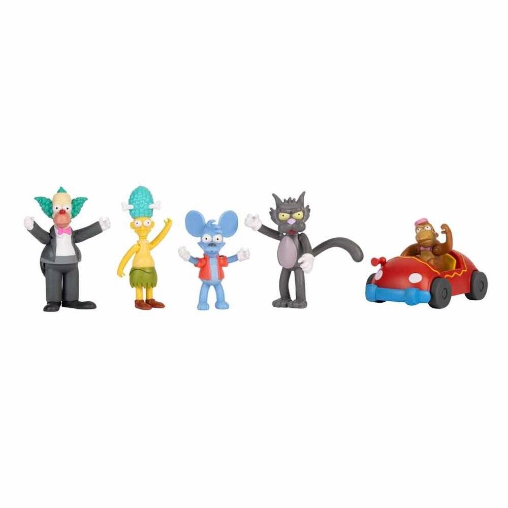 Fünf Zeichentrickfiguren sind nebeneinander aufgereiht. Von links nach rechts: ein Clown, eine Figur mit grünen Haaren, eine blaue Maus, eine schwarze Katze und ein Affe in einem kleinen roten Auto.