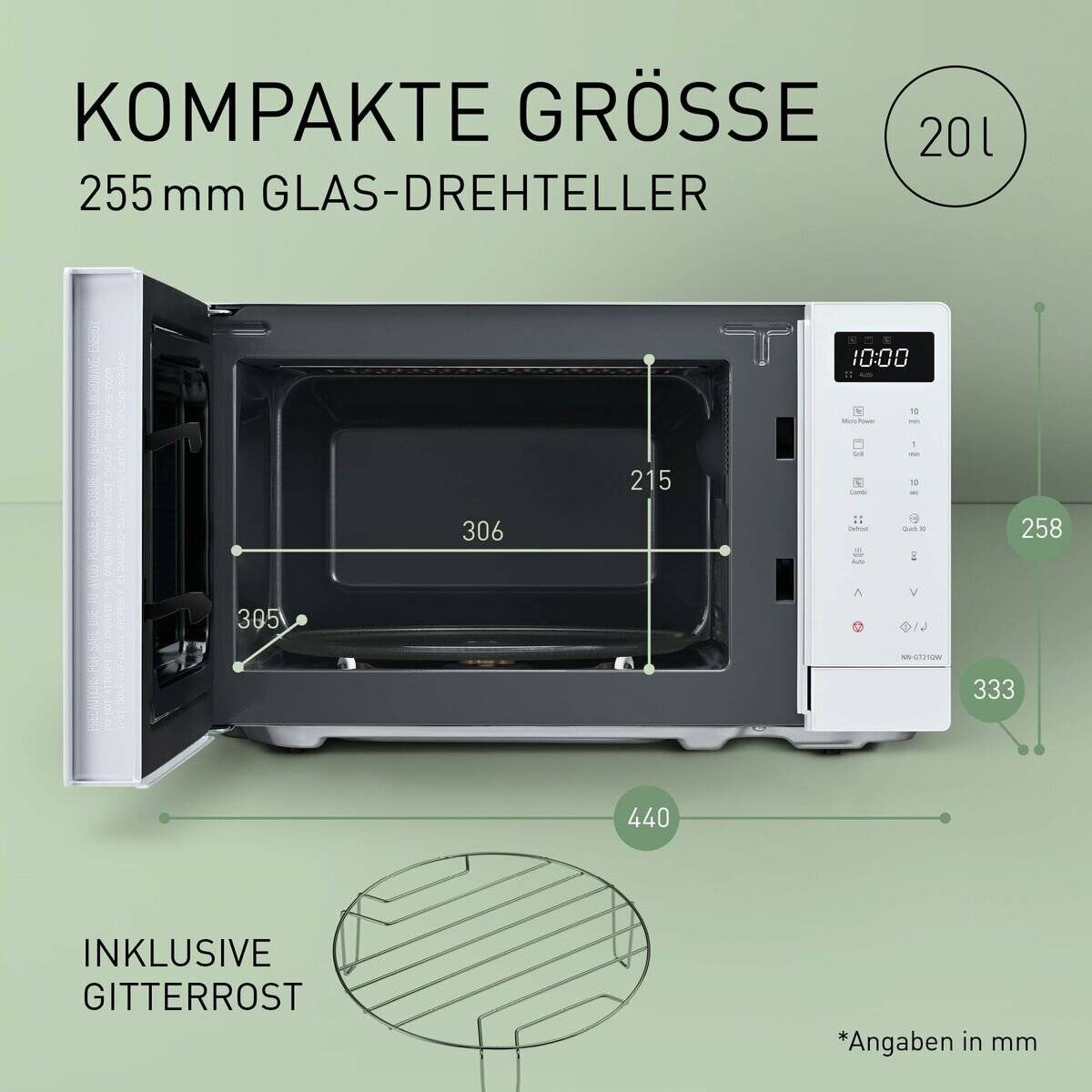 Ein Mikrowellegerät mit schwarzem Innenraum wird mit Abmessungen in Millimetern dargestellt. Texthervorhebungen zeigen Merkmale: ‚Kompakte Größe', ‚20 l', ‚255 mm Glas-Drehteller', ‚Inklusive Gitterrost'.