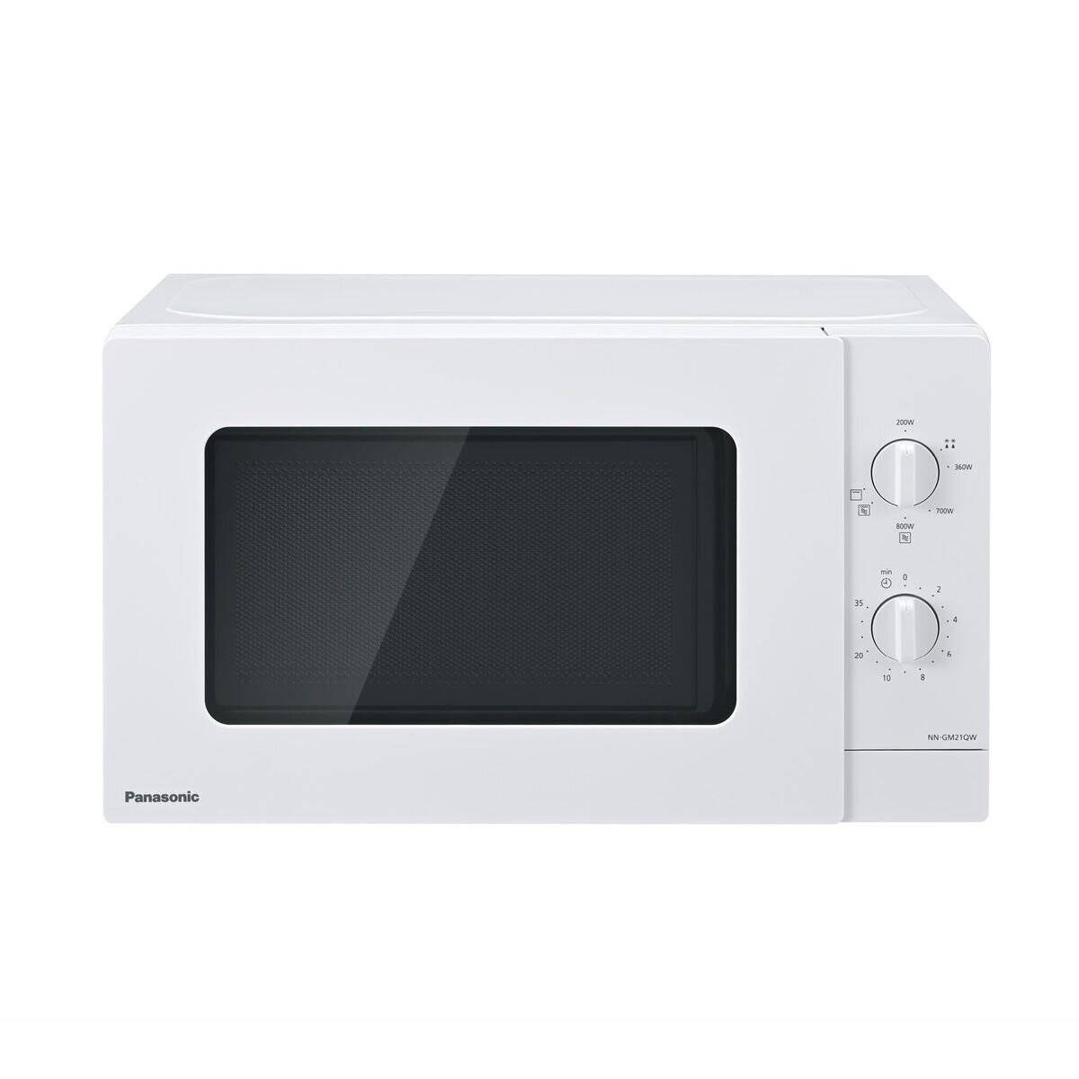 Weißer Panasonic-Mikrowellenherd mit digitaler Anzeige und Bedienknöpfen an der Seite. Geeignet für den Kontext von Küchengeräten.