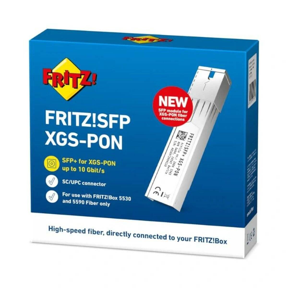 Karton von FRITZ!SFP XGS-PON. Behauptet bis zu 10 Gbit/s für XGS-PON und Kompatibilität mit FRITZ!Box 5530 und 5590 Fiber.