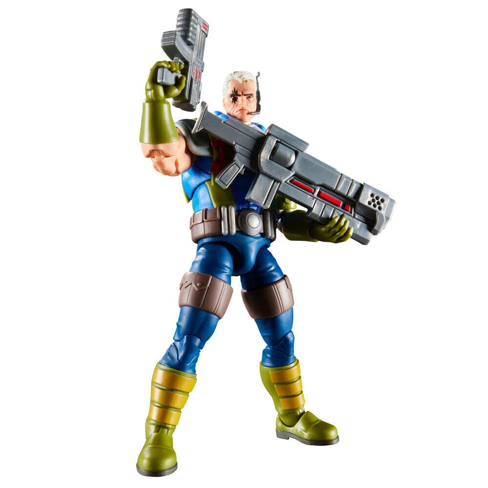 Actionfigur eines muskulösen Charakters mit weißen Haaren, der eine große futuristische Waffe hält und in blauer, grüner und brauner Kampfausrüstung gekleidet ist.