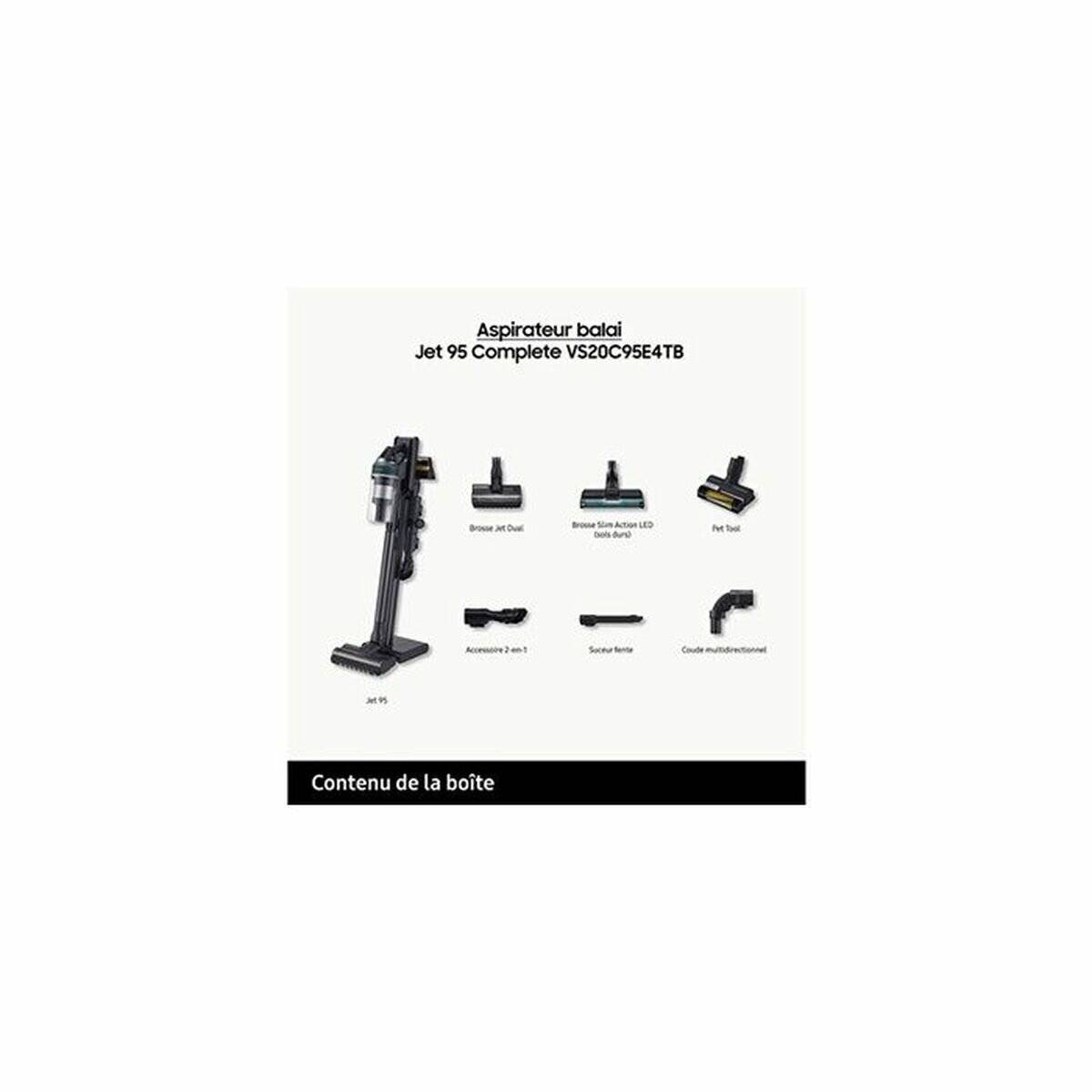 Das Bild zeigt einen Staubsauger mit dem Titel 'Aspirateur balai Jet 95 Complete VS20C95E4TB' mit sechs Zubehörteilen, die beschriftet sind: 'Jet Dual Bürste', 'Mini Motorisierte Bürste', 'Staubbürste', 'Möbelbürste', 'Zubehör 2-in-1', 'Flache Düse', 'Gelenkbogen'.