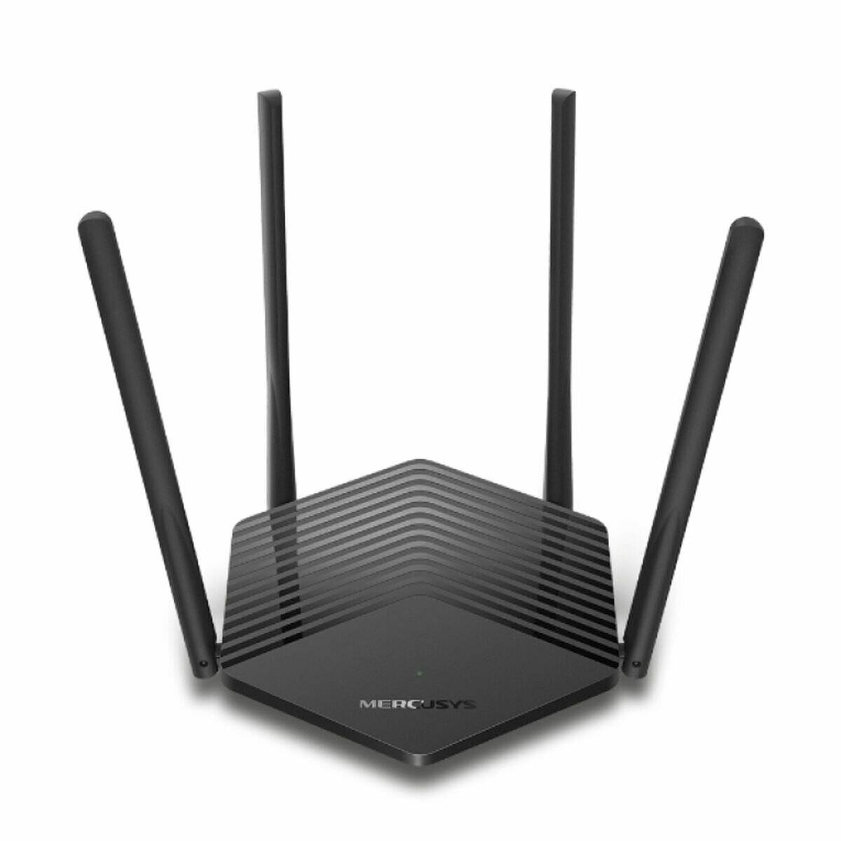 Ein schwarzer, sechseckiger WLAN-Router mit vier aufrechten Antennen, entwickelt für verbesserte drahtlose Konnektivität, mit der Markenbezeichnung 'Mercusys'.