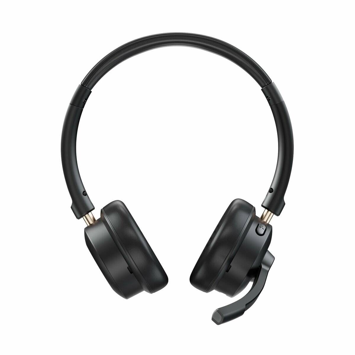 Schwarze Over-Ear-Kopfhörer mit integriertem Mikrofon, auf weißem Hintergrund präsentiert, wobei ihr ergonomisches Design hervorgehoben wird.