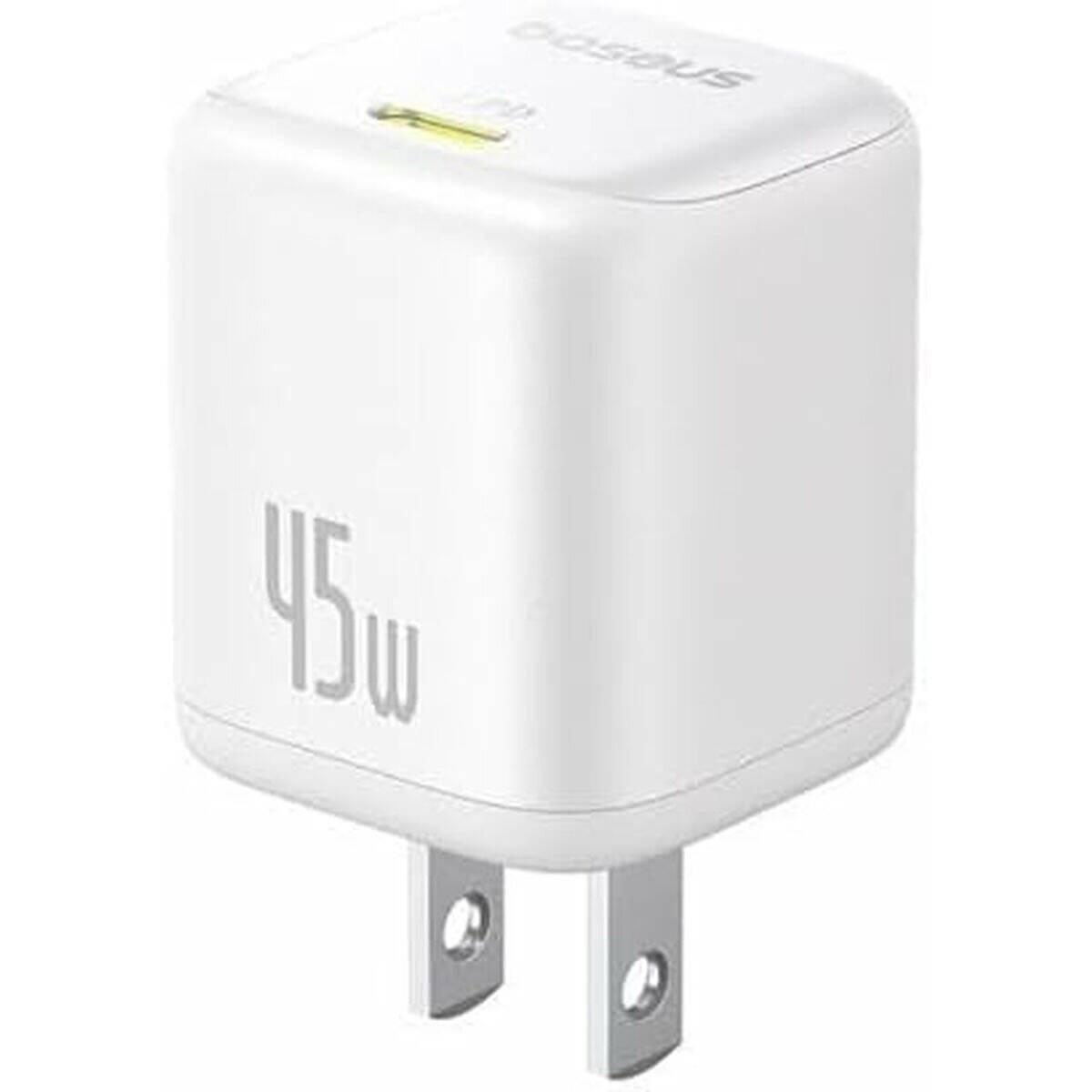 Weißes 45W USB-C Ladegerät mit Steckdosenadapter, mit kompakter Bauform.