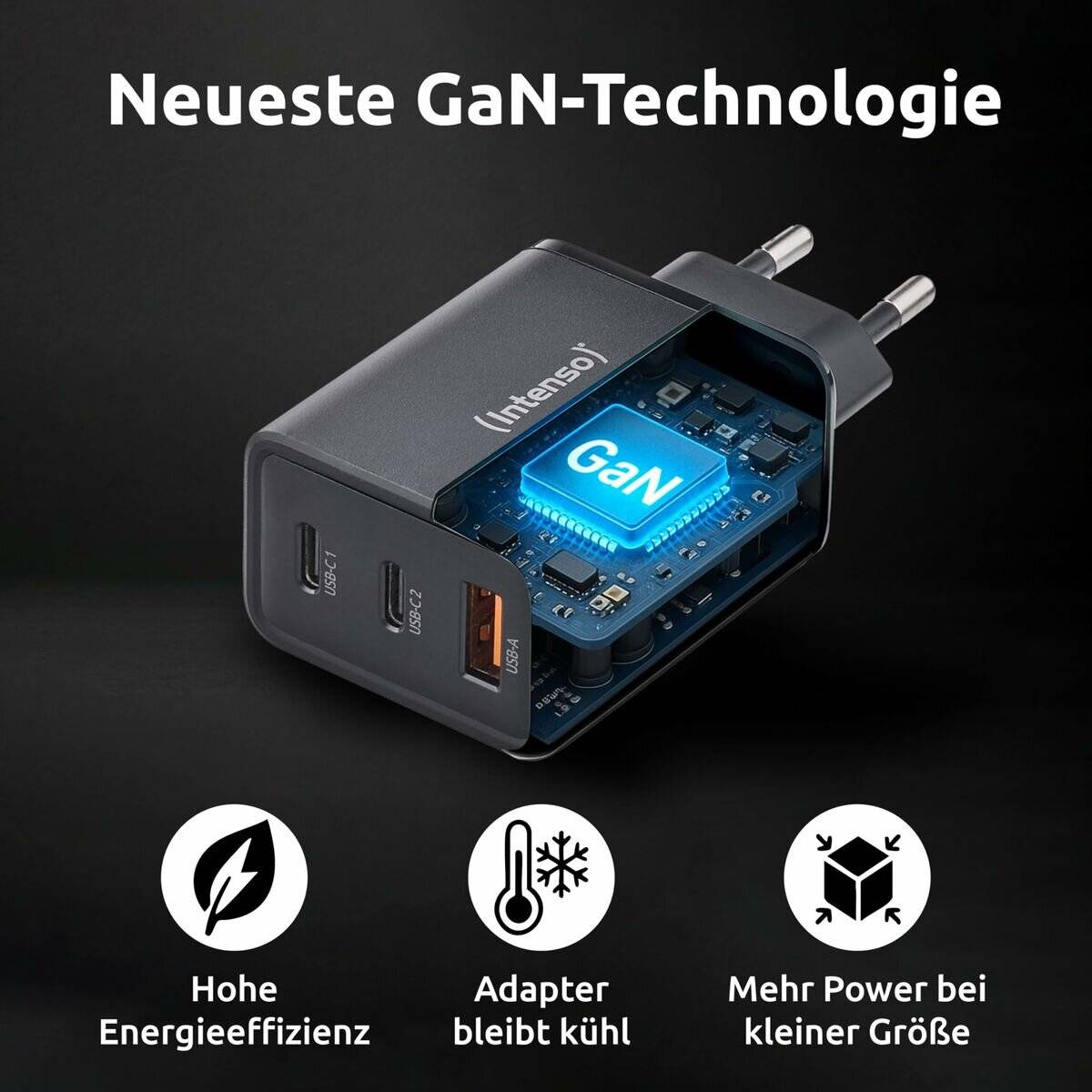 Intenso Power Adapter 1x USB-A/2x USB-C 65W GaN Black