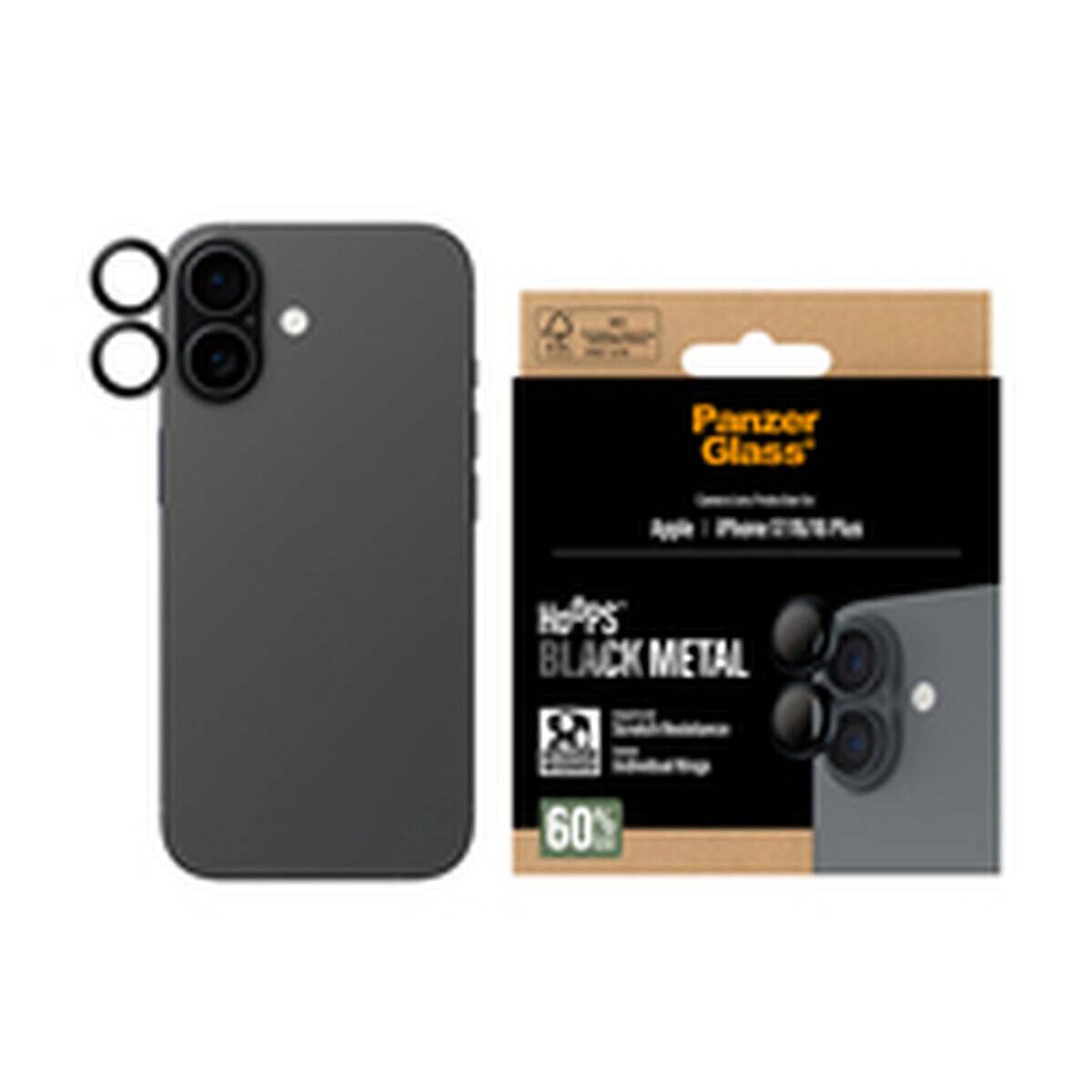 Kamera-Objektivschutz für Apple iPhone 15/15 Plus in schwarzem Metall, mit Verpackung, die Kratzfestigkeit und 60% recycelten Inhalt zeigt.