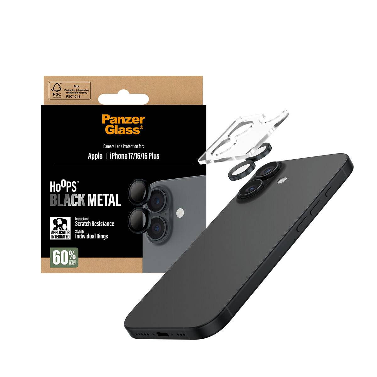 PanzerGlass Kameraobjektiv-Schutz für iPhone, beschriftet mit ‚Hoops Black Metal', neben einem Smartphone, das Kameraobjektivringe zeigt.