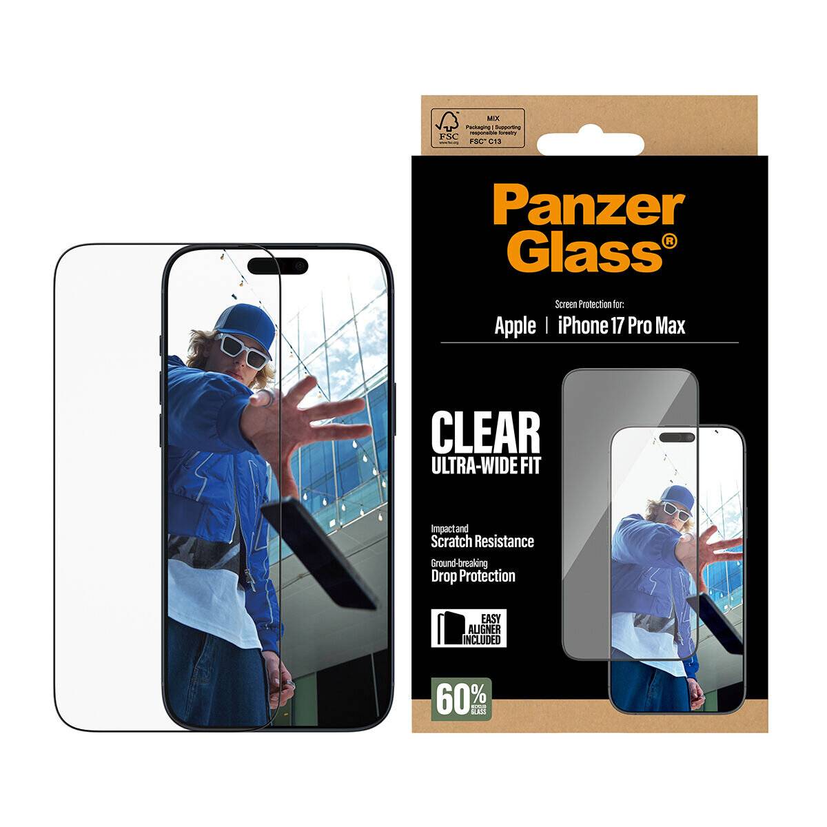 Panzer Glass Displayschutz für Apple iPhone 17 Pro Max, mit einer Person mit Sonnenbrille, die auf die Kamera zeigt.