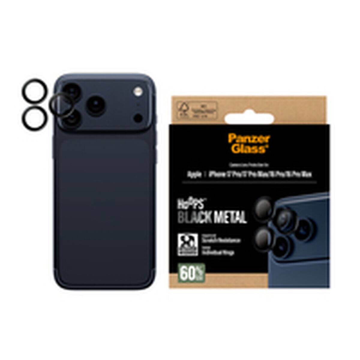 Eine schwarze Handyhülle und ein Kameraobjektivschutz neben einer Panzer Glass-Verpackung für iPhone 15, 15 Plus, 15 Pro und 15 Pro Max.