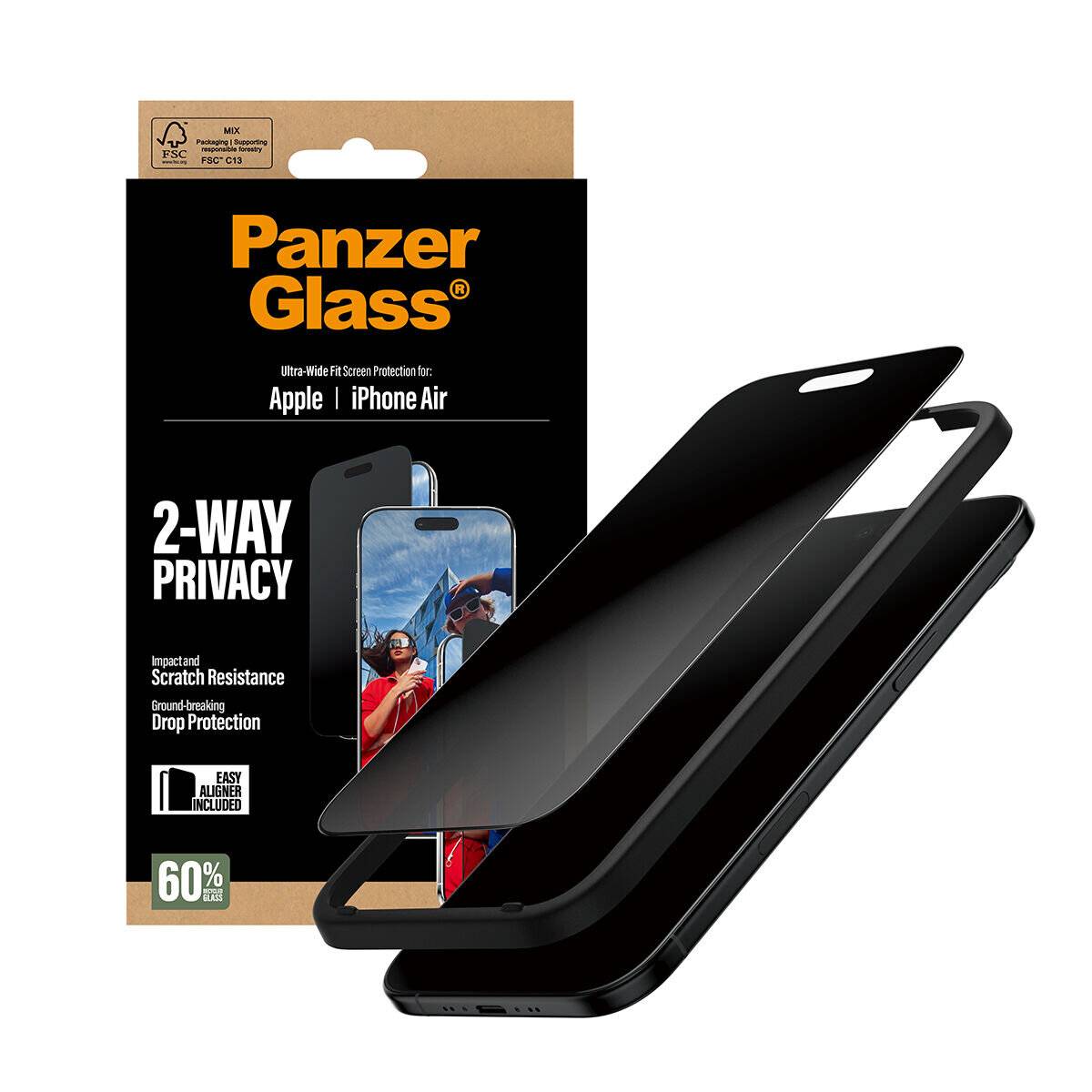 Panzer Glass 2-Wege-Sichtschutz' Displayschutz für Apple iPhone Air, mit Kratzfestigkeit und Fallschutz, mit 60% Sichtschutzabdeckung.
