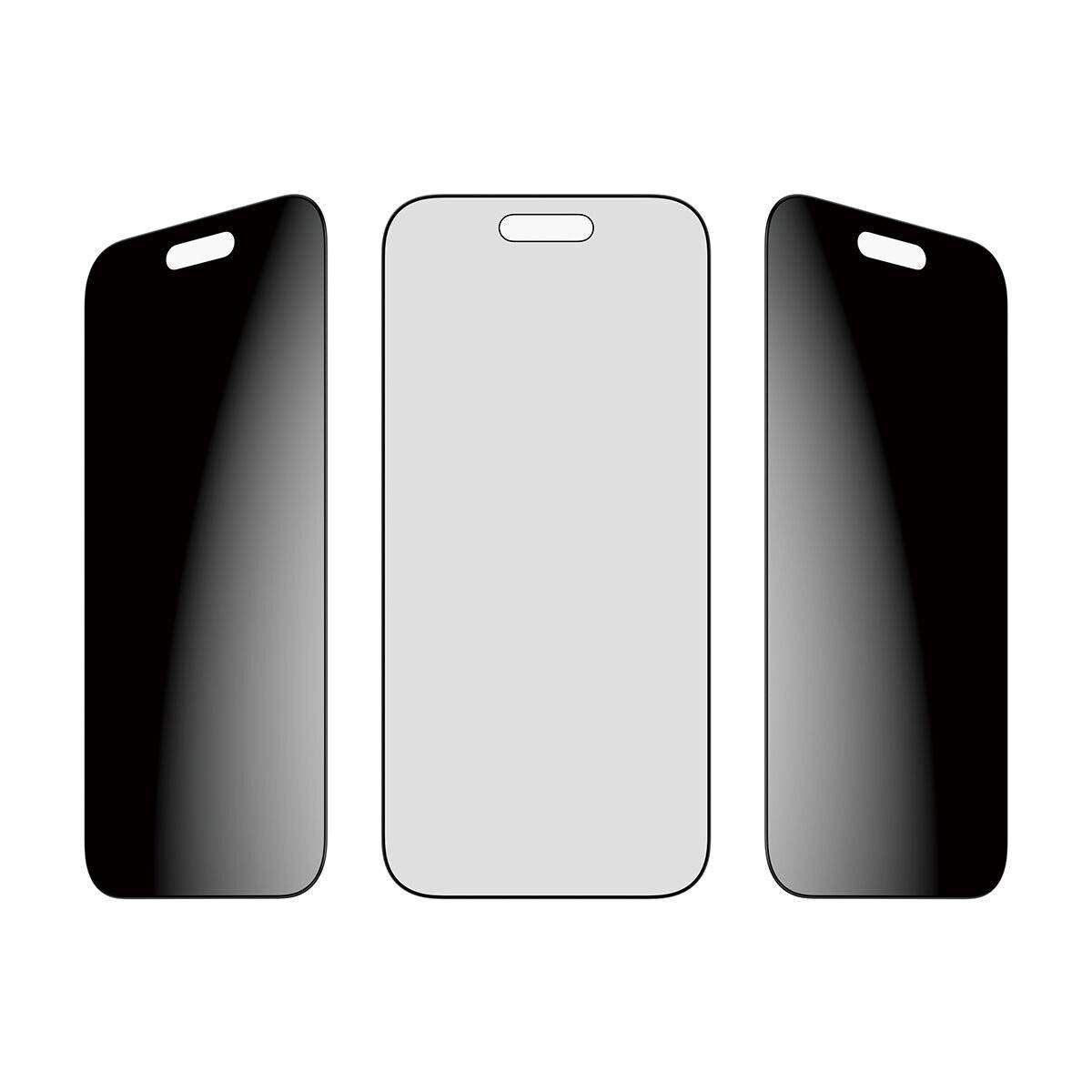 Drei Smartphone-Bildschirmschutzhüllen: links und rechts mit schwarzen Rahmen, mittlere transparent, mit Vorderseiten-Design.