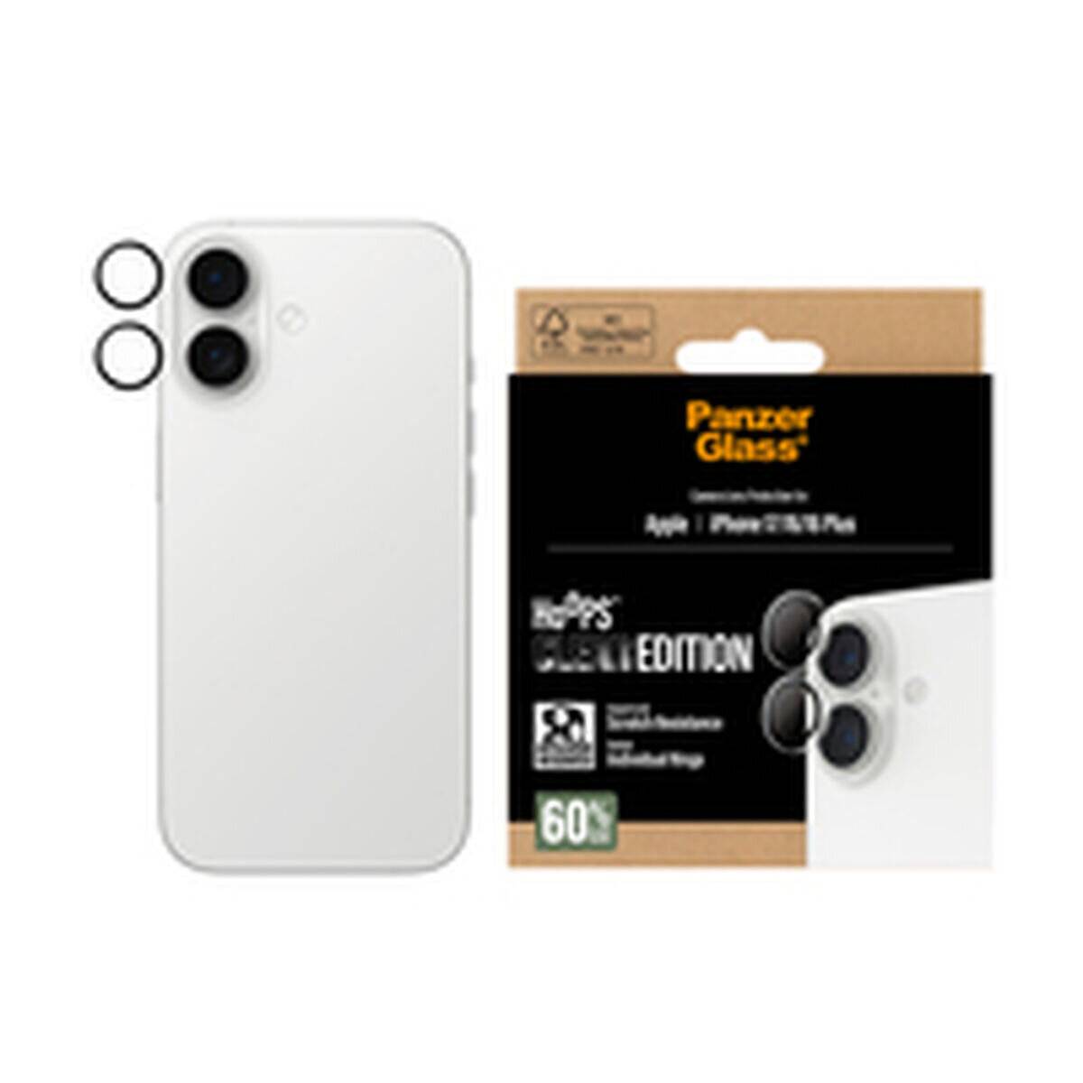 Panzer Glass Displayschutz in der Verpackung, gezeigt mit einem weißen Smartphone mit Dual-Hauptkameras, wobei der Kameraschutz betont wird.