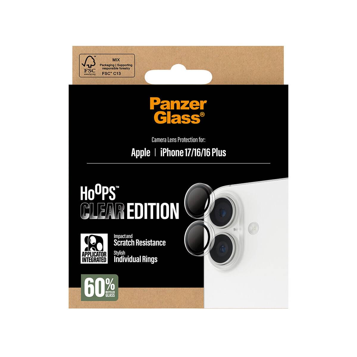 PanzerGlass Hoops Clear Edition Verpackung für iPhone-Objektive, die Stoß- und Kratzfestigkeit zeigt, mit stilvollen individuellen Ringen.