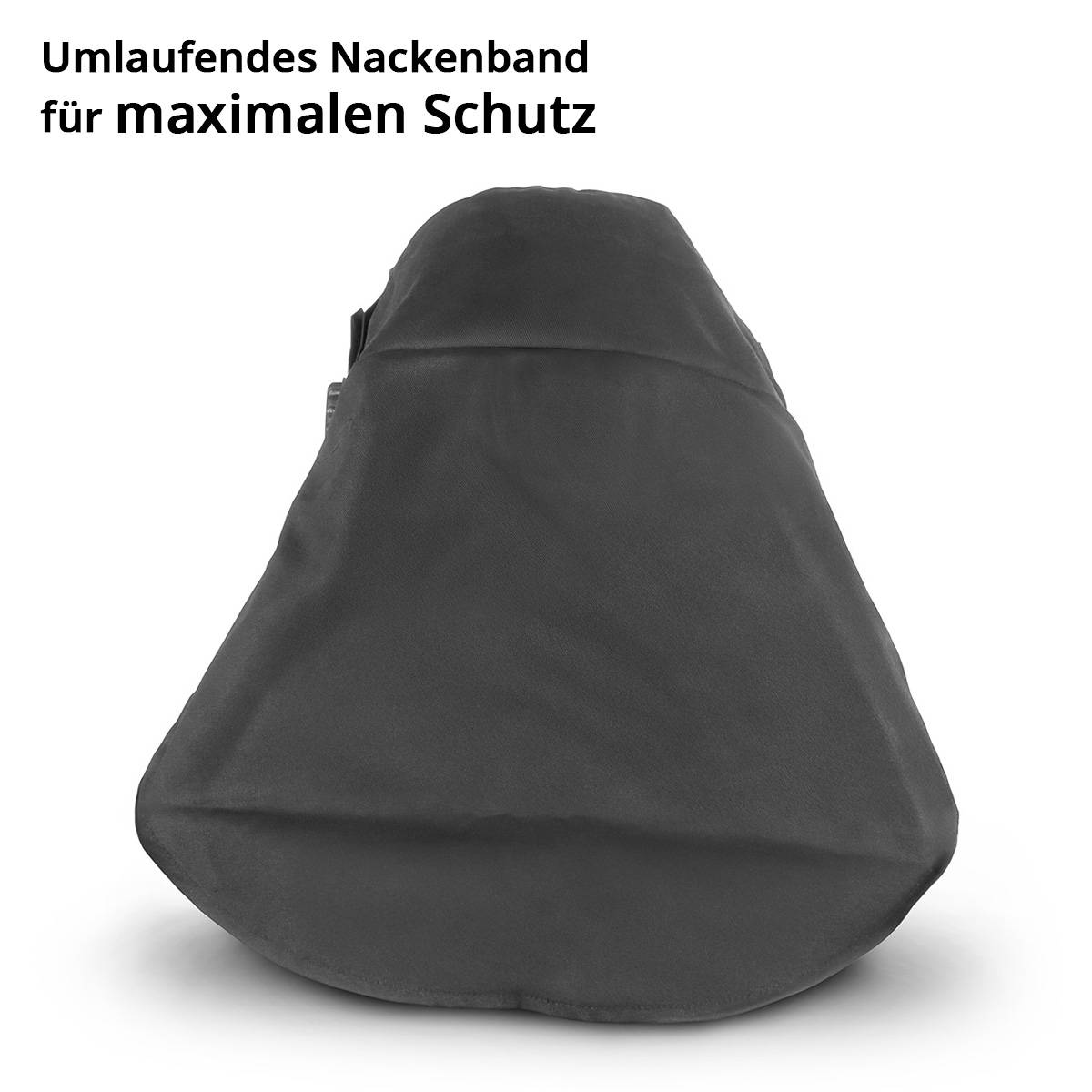Ein dunkles, schützendes Nackentuch, das als 'Umlaufendes Nackenband für maximalen Schutz' beworben wird, liegt vor einem einfarbigen weißen Hintergrund.