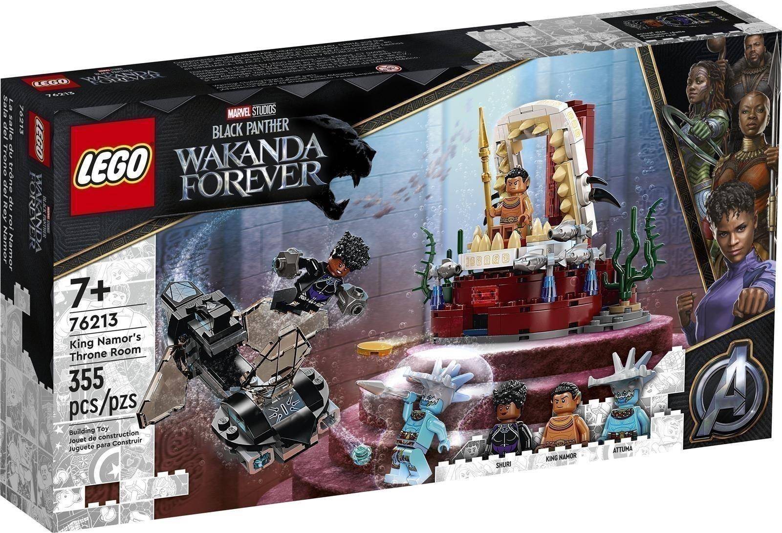 LEGO Marvel Black Panther: Wakanda Forever König Namors Thronsaal-Set mit Karton, das die Thronsaalszene, Minifiguren und 355 Teile zeigt, ab 7 Jahren.
