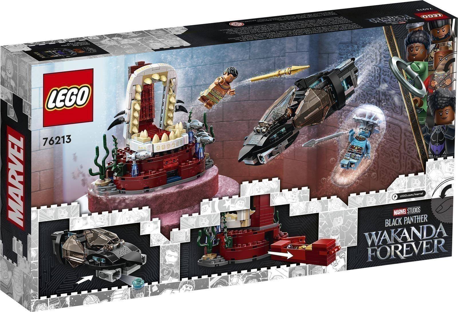 LEGO Marvel Black Panther 'Wakanda Forever' Set 76213 Schachtelkunstwerk zeigt ein Wakanda-Schiff, Minifiguren und eine rote thronähnliche Struktur in einer Actionszene.