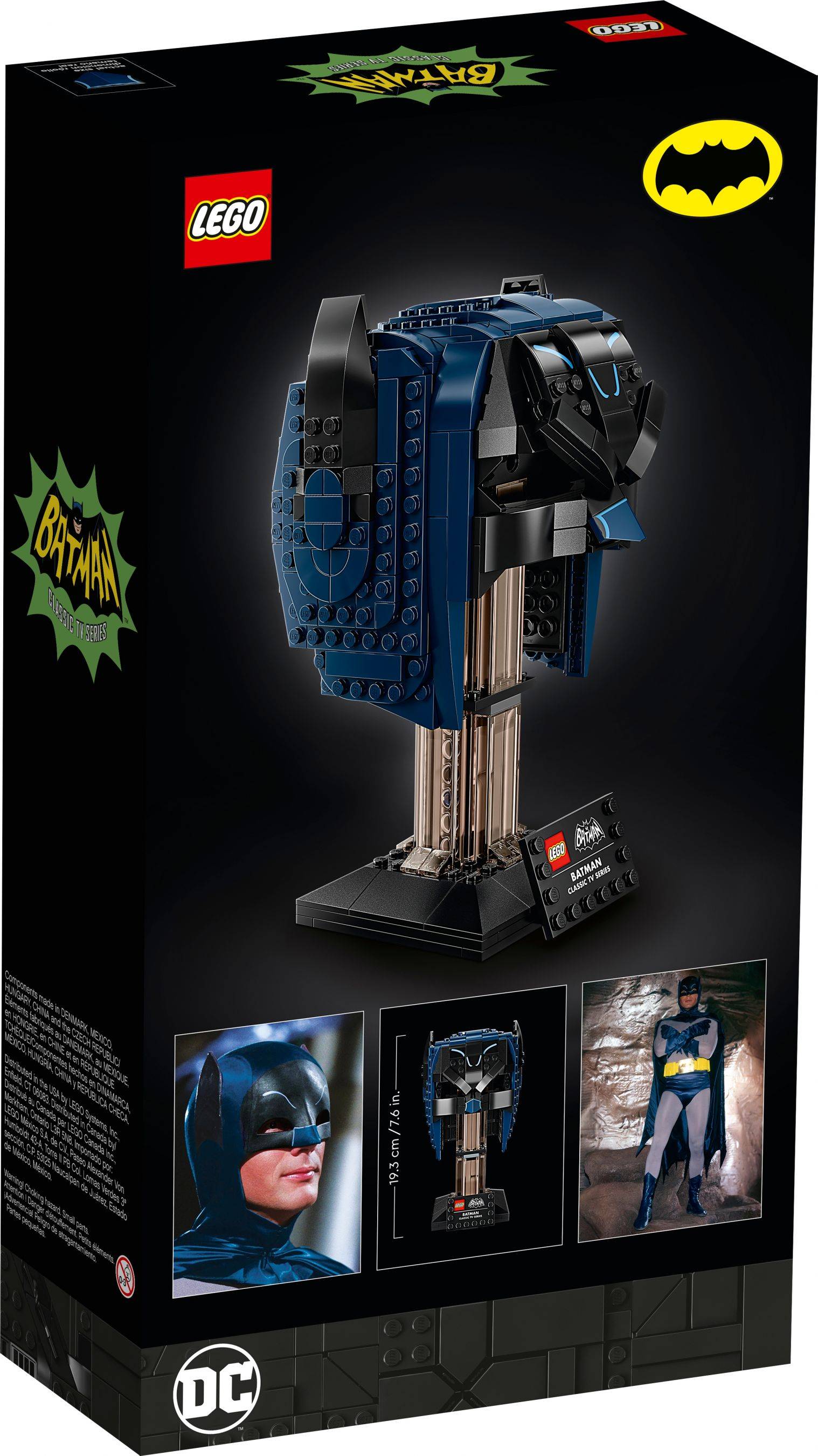 LEGO-Set mit Batman-Thema, das eine detaillierte Darstellung einer Cowl in Blau und Schwarz zeigt. Die Box enthält das LEGO-Logo und die Batman-Markierung.