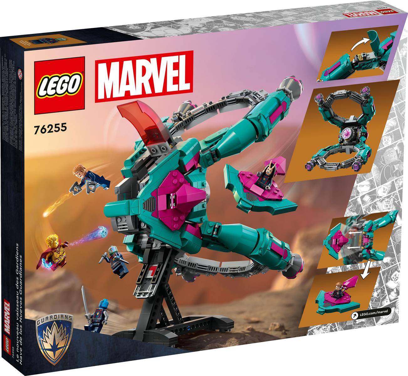 Lego Marvel 76255 Verpackung, die ein Raumschiffmodell mit Figuren zeigt. Die Verpackungsgestaltung beinhaltet Aktionsszenen mit den Guardians of the Galaxy.