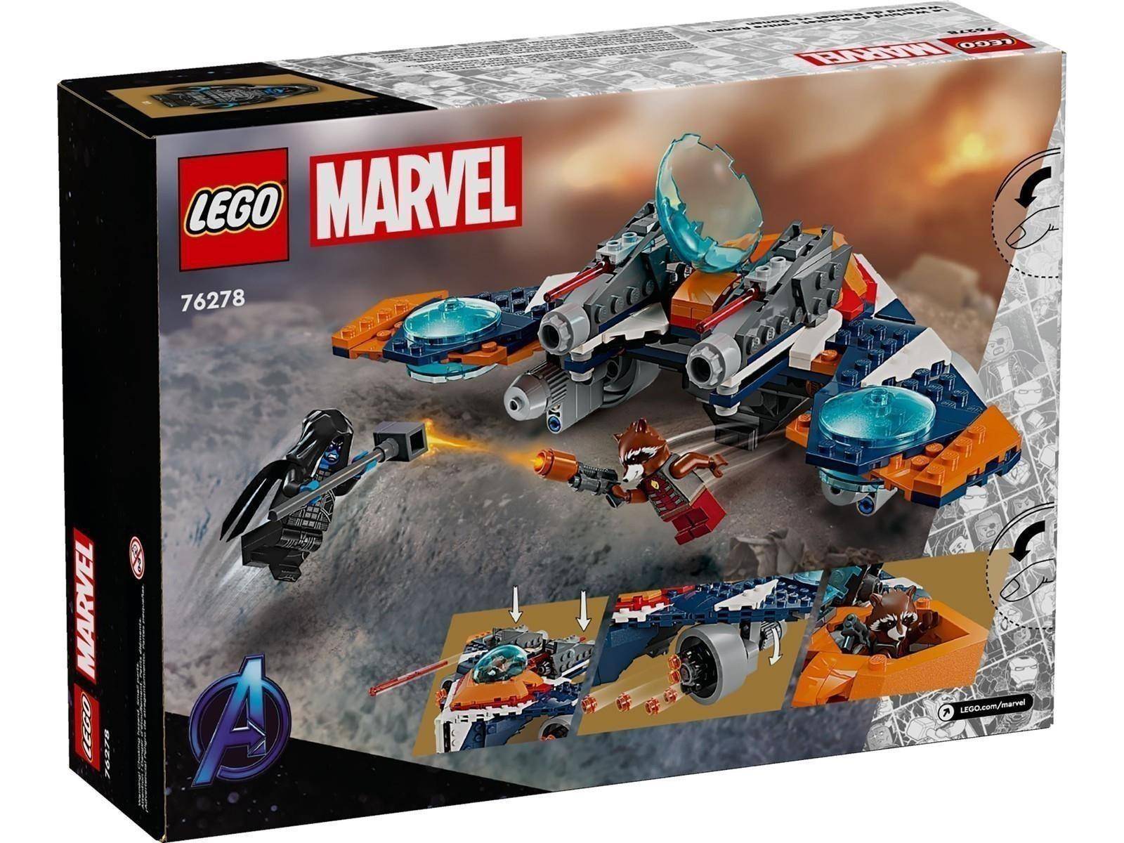 LEGO Marvel Avengers Set 76278 Schachtelbild zeigt eine Raumschiff-Kampfszene mit Spider-Man und einem geflügelten Flugzeug, plus eine kleine Bau-Einsatz.