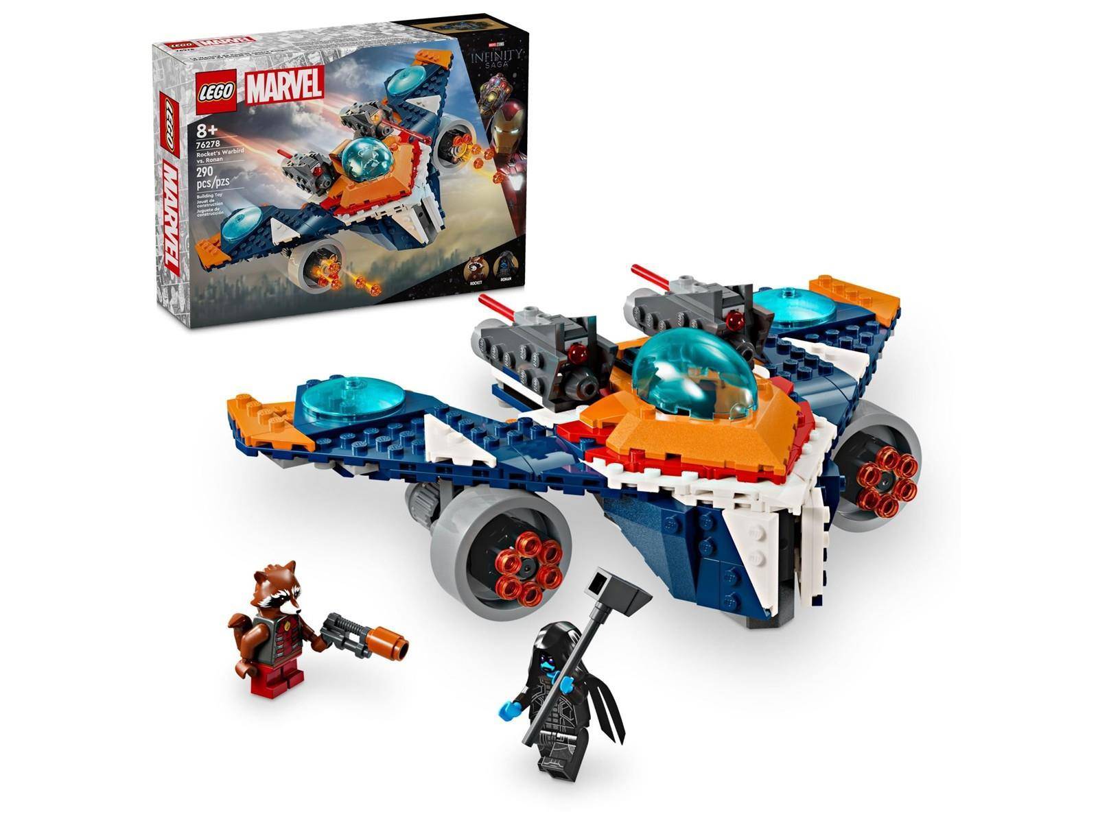 LEGO Marvel Spielzeugset mit einem blau-weißen Raumschiff und zwei Minifiguren, einschließlich Rocket und einer Figur in schwarzer Kleidung, abgebildet mit der Verpackung.