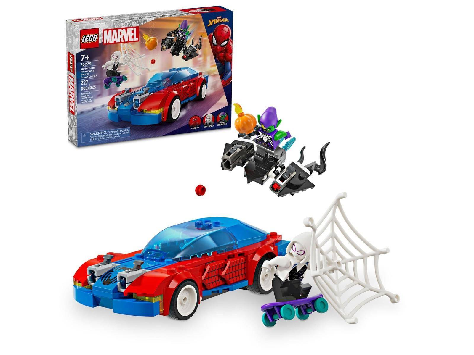 LEGO Marvel Spider-Man Set mit einem rot-blauen Auto, Ghost-Spider auf einem Skateboard und Green Goblin mit einem Gleiter; Schachtel oben abgebildet.